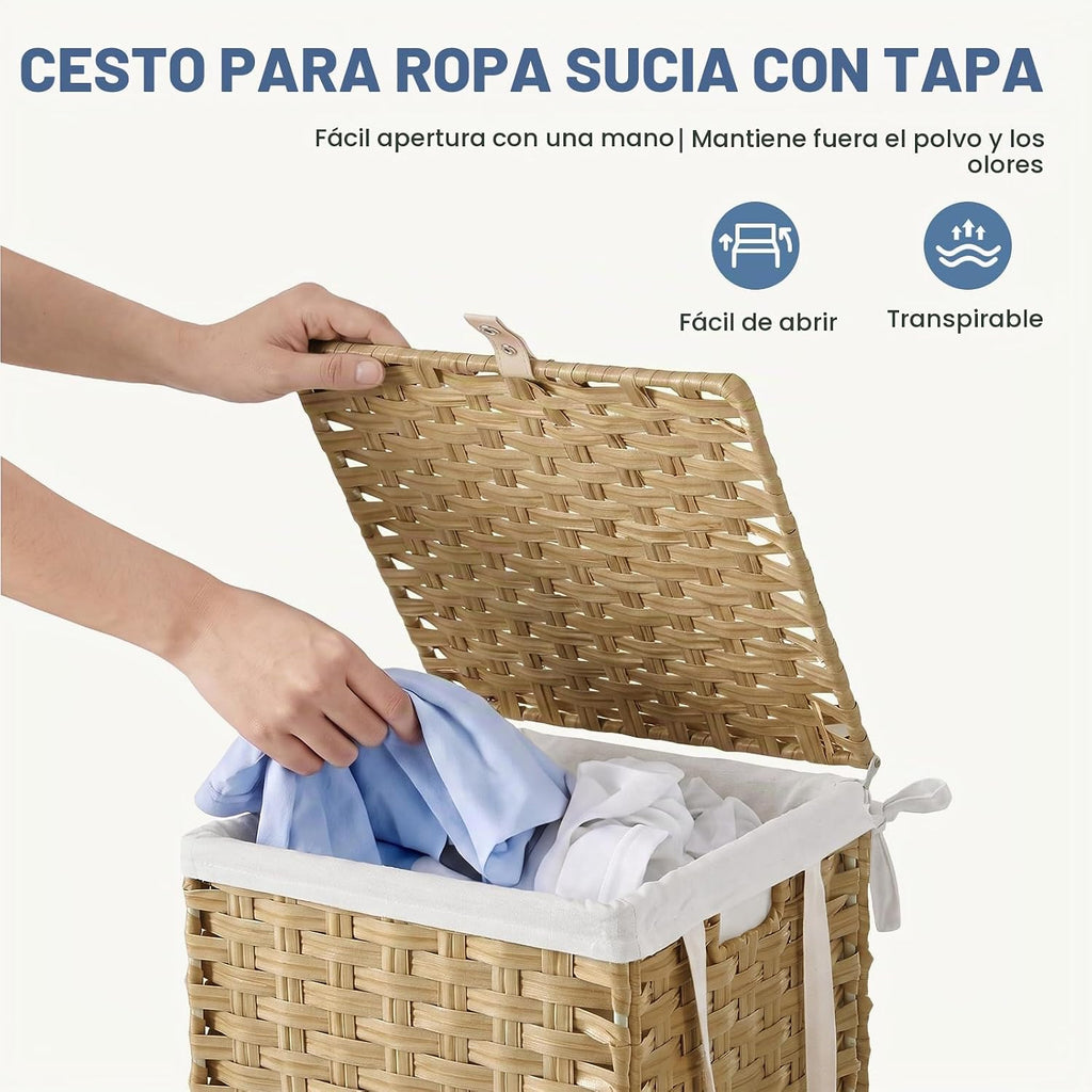 DUMOS Cesta de lavandería con tapa, cestas de mimbre de 65L, color amarillo