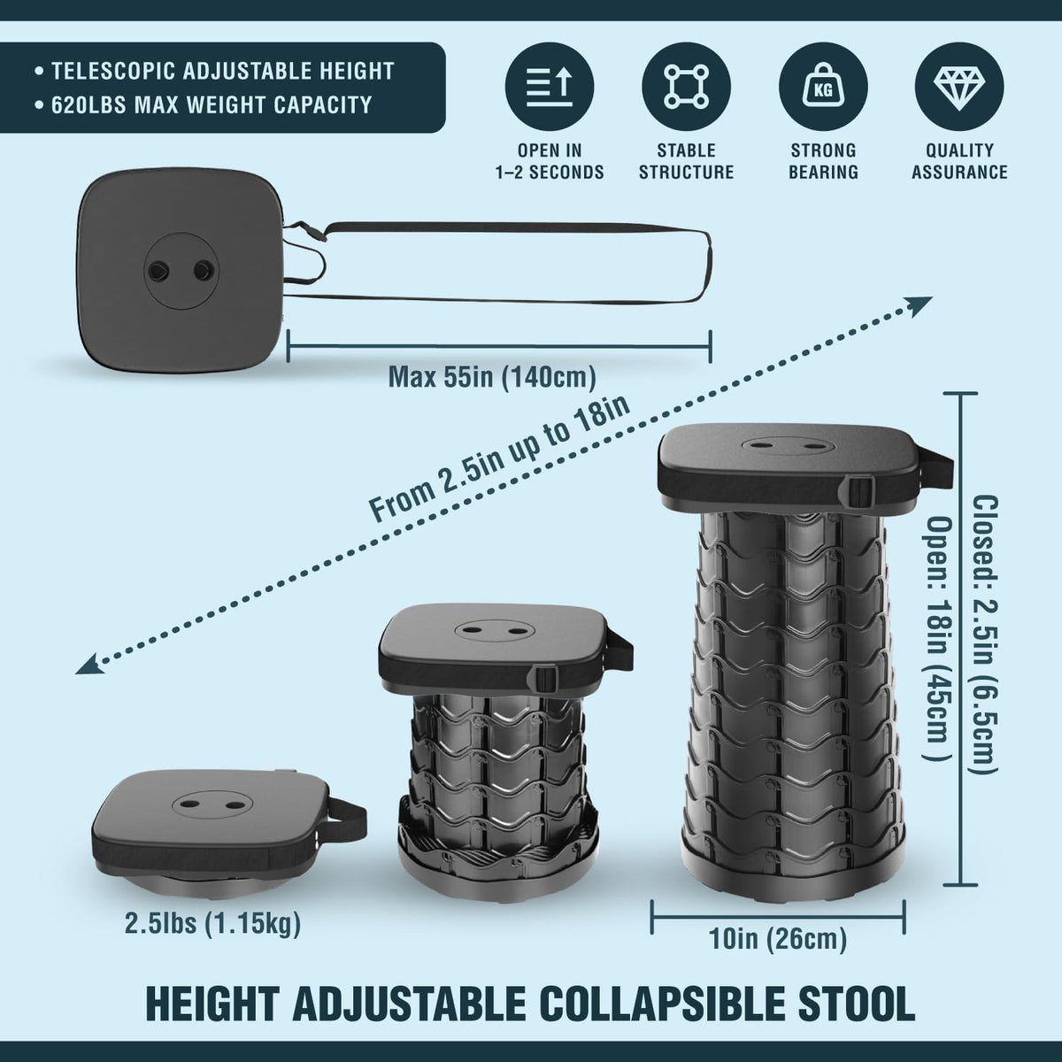 Taburete plegable para adultos, cojín 3 en 1 + bolsa, 620 libras