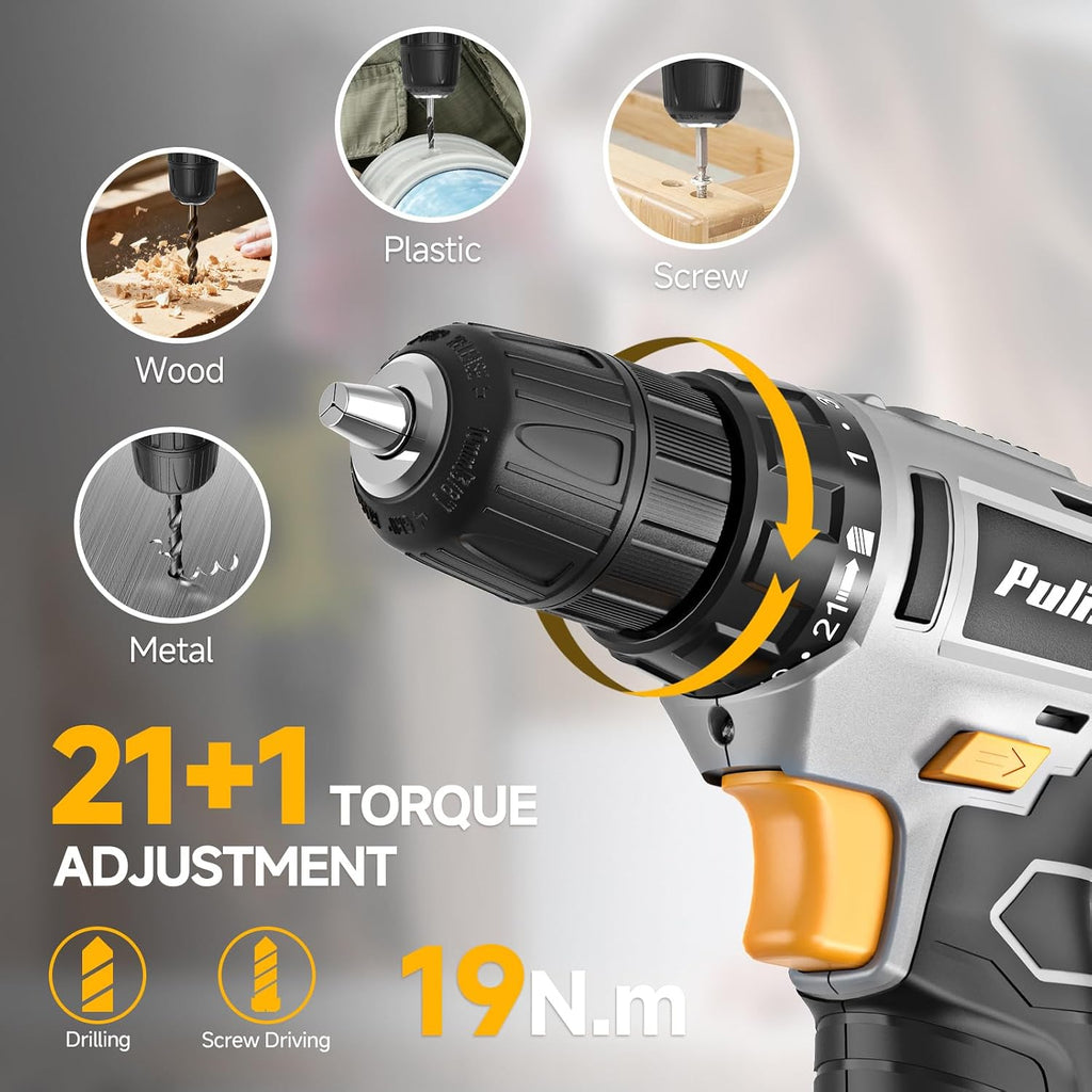 PULITUO Juego de taladro inalámbrico amarillo de 12 V, kit de herramientas para el hogar de 149 piezas con taladro eléctrico y caja de herramientas de almacenamiento, para reparación del hogar, mejora