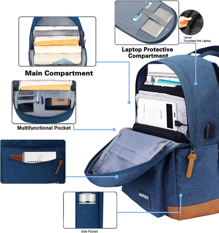 KOPHLY Mochila para laptop con decoración de cuero, puerto de carga...