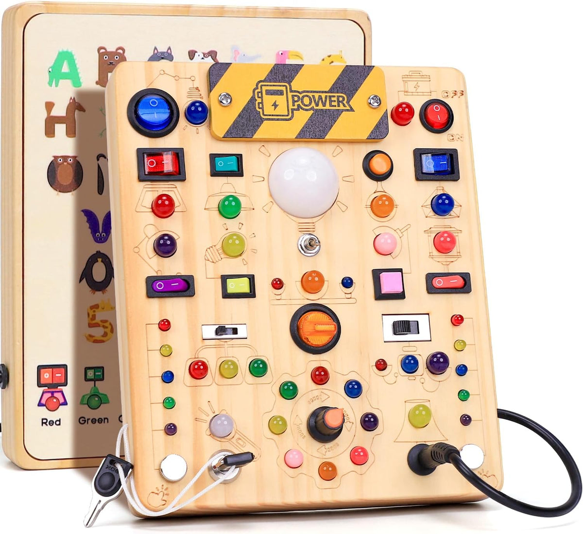 Tablero de actividades con interruptores de luz LED, juguetes Montessori para niños de 1, 2, 3 años, tablero de actividades sensoriales de madera para niños pequeños, juguetes de viaje para niños y niñas de 1 año o más, regalo de cumpleaños (19 interrupto