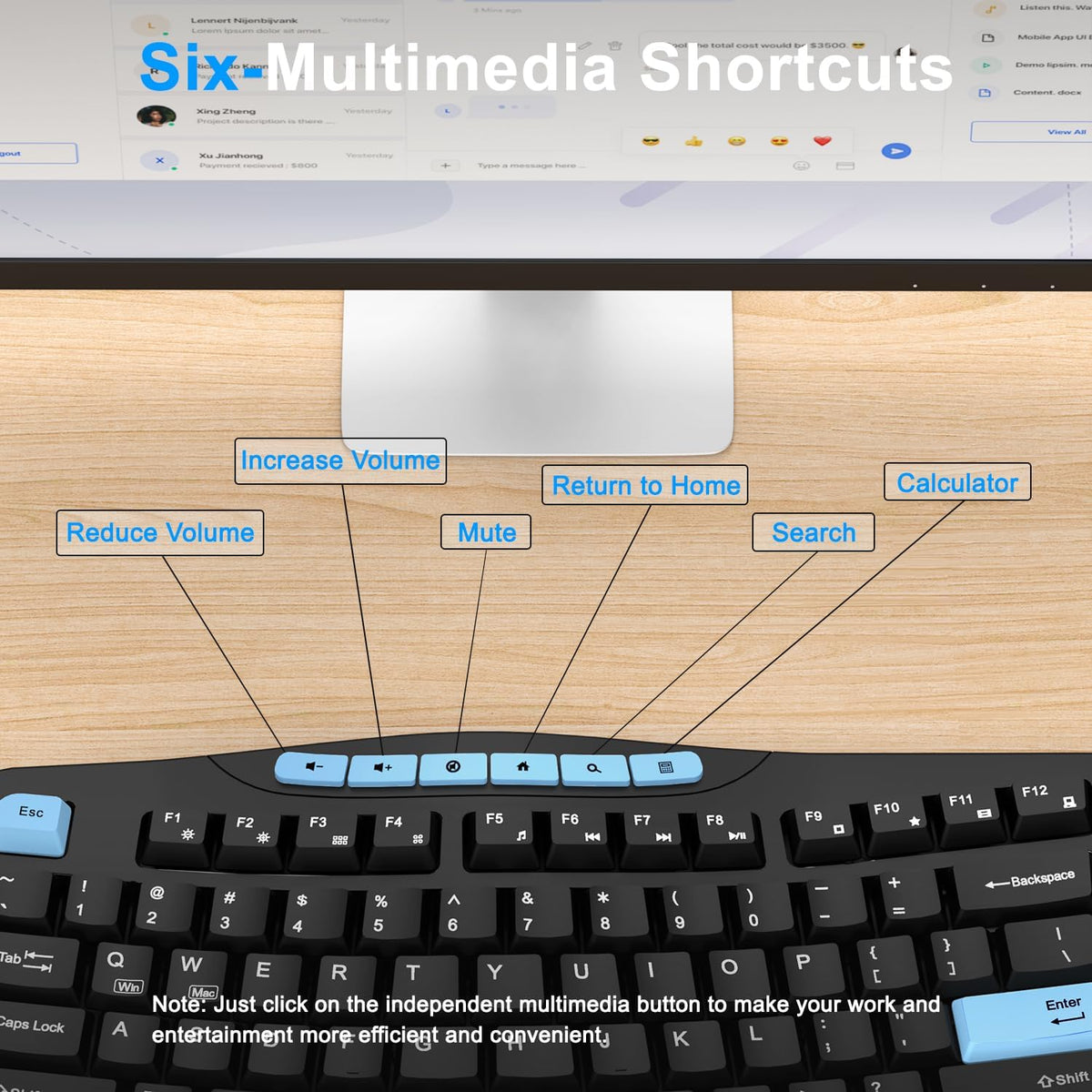 Combo de teclado y mouse inalámbricos, teclado ergonómico con 6 tec...