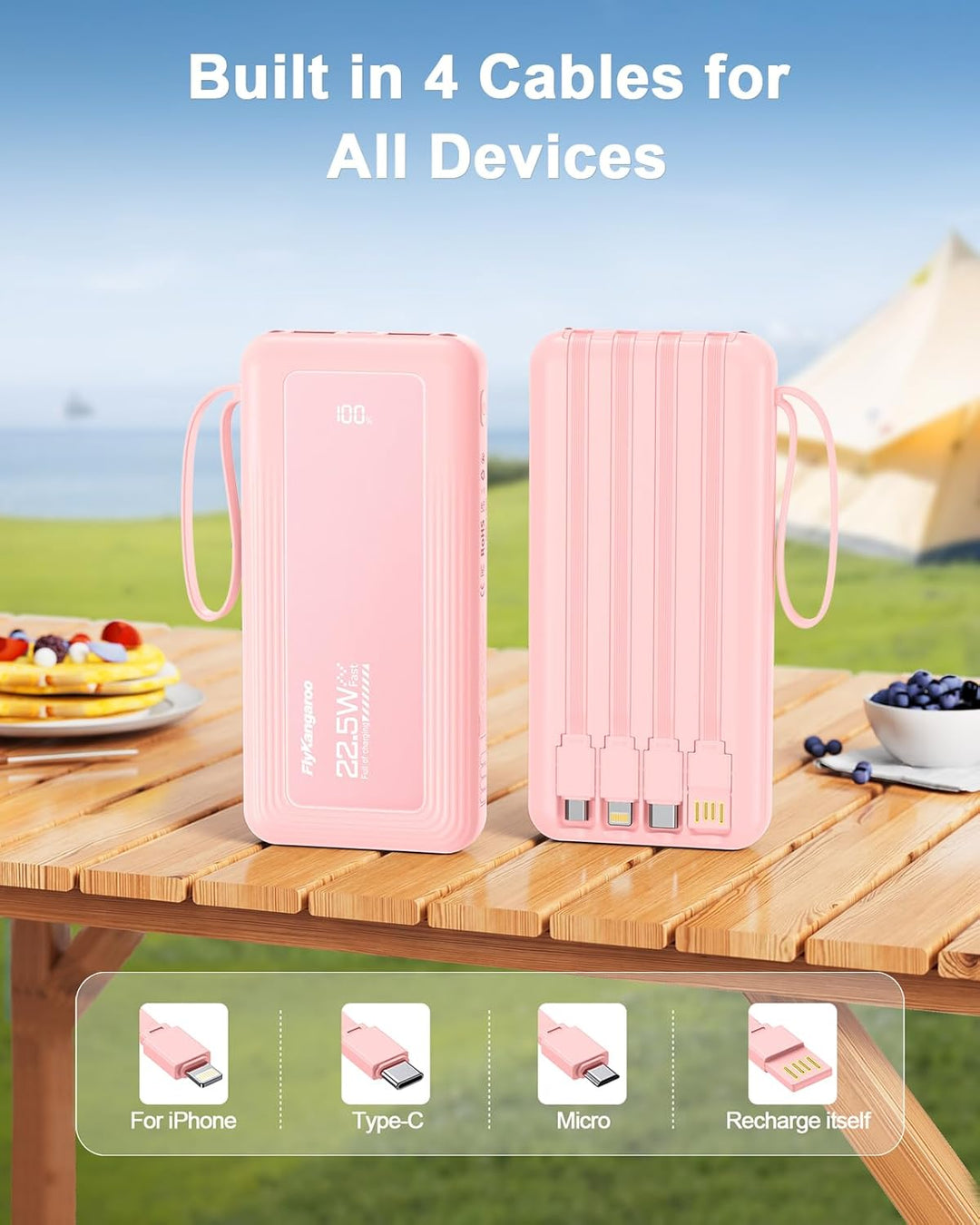 FlyKangaroo - Cargador portátil con cables integrados, batería exte...