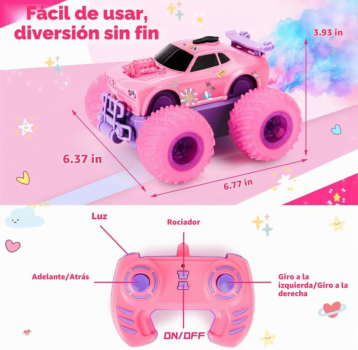 Princess Remote Control Car, Pink Monster Truck Girl Age 4-7 8-12
