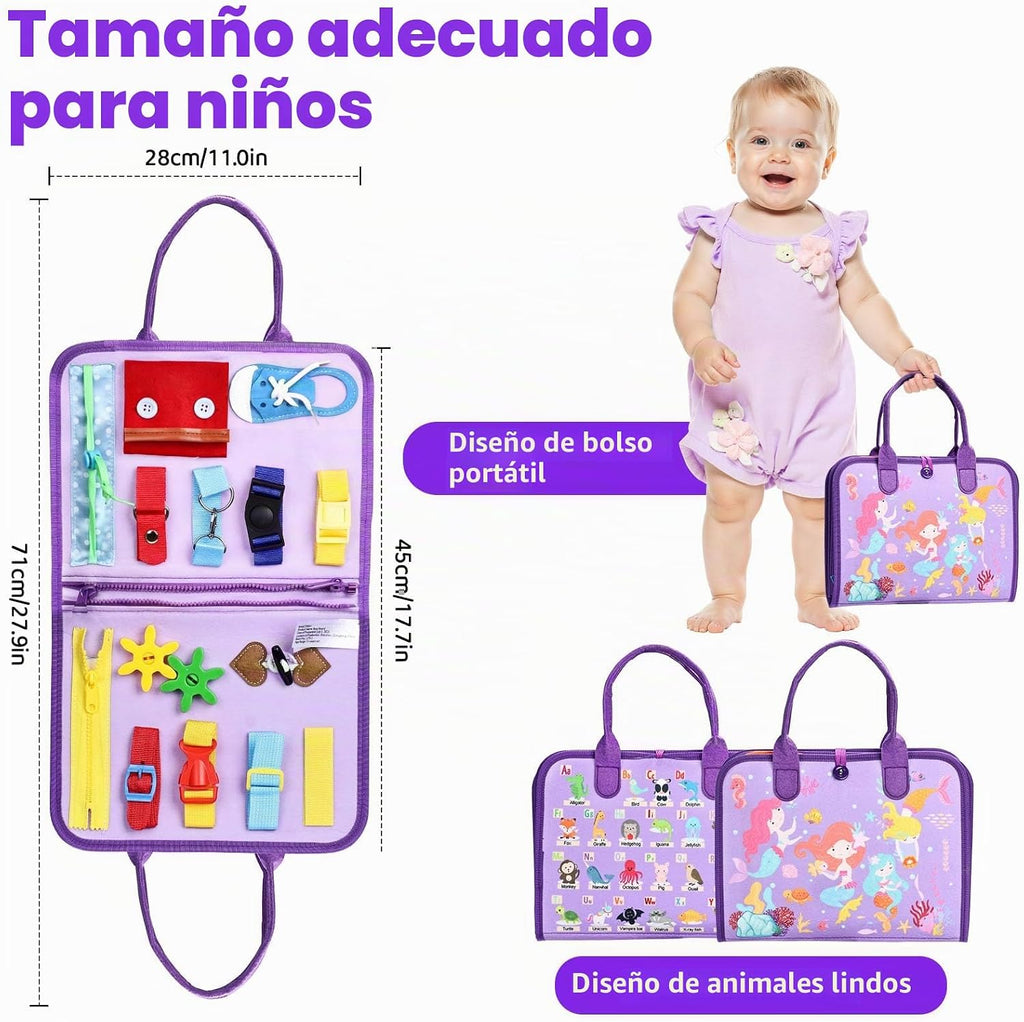 Juguetes Montessori de tablero ocupado, regalos de cumpleaños para niñas, juguete sensorial de viaje para autismo, libro de actividades educativas, aprendizaje preescolar, juguetes de habilidades motoras finas, morado