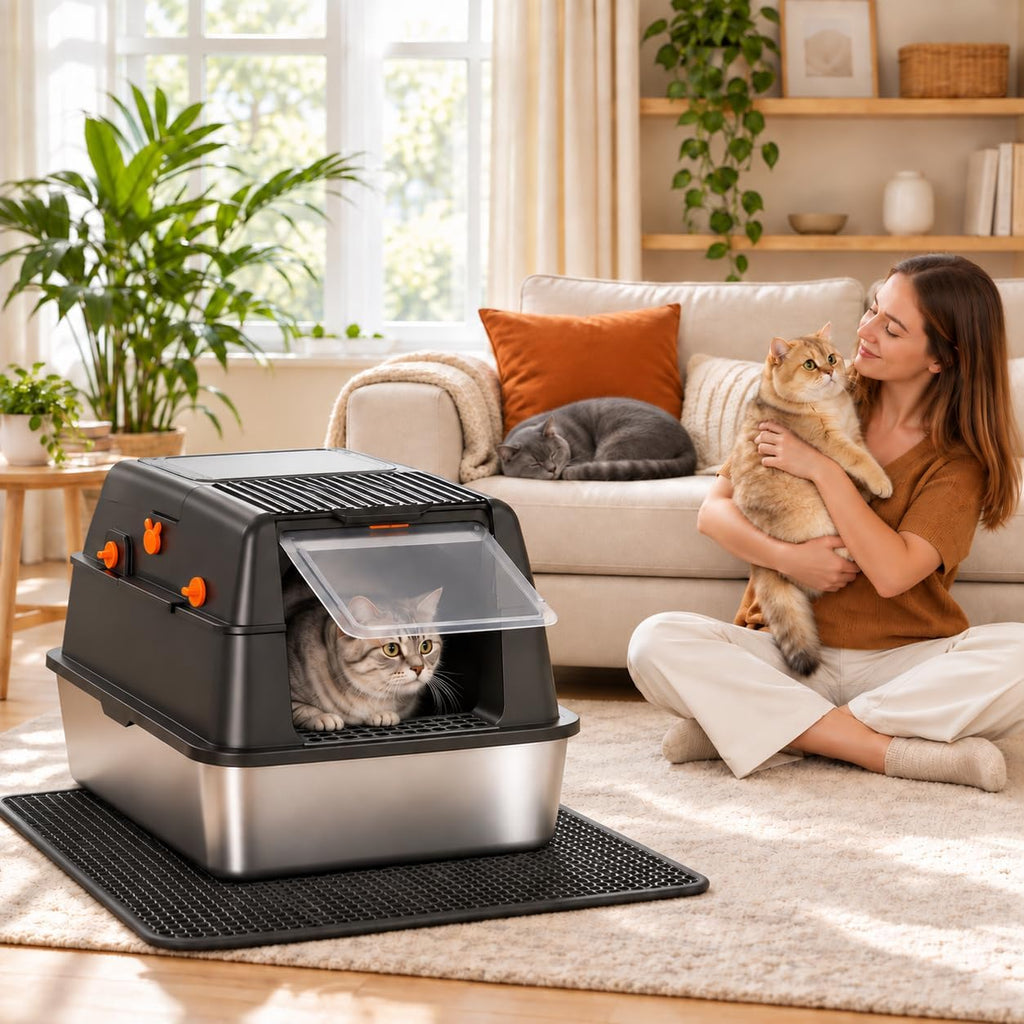Caja de arena de acero inoxidable con tapa, caja de arena cerrada extragrande para gatos grandes, bandeja de arena de metal alto para gatos, entrada frontal y salida superior