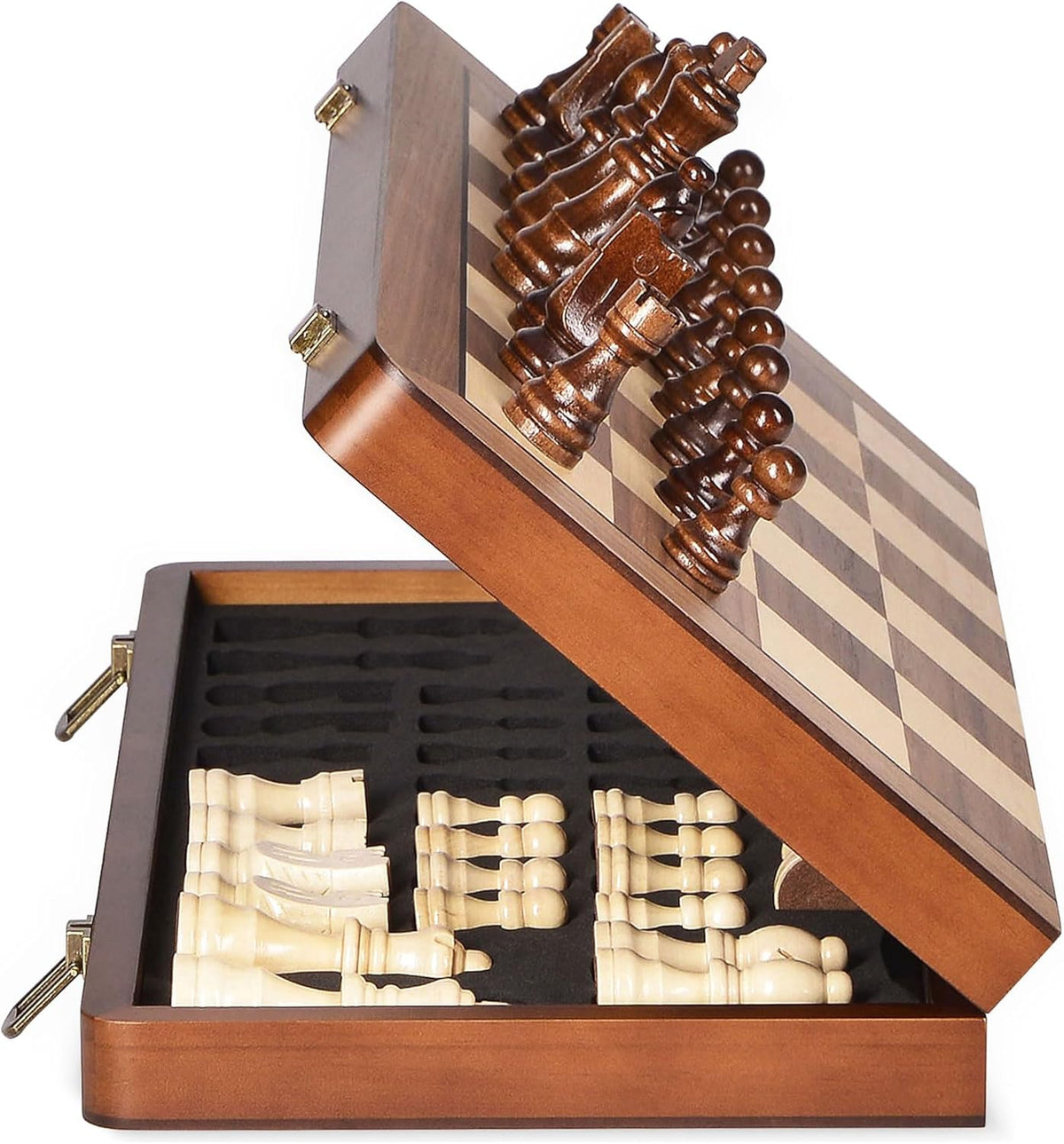 ELONGDI Juego de ajedrez de madera de 15" con piezas magnéticas - Reinas extra - Tablero de ajedrez plegable portátil para torneos de ajedrez de viaje para adultos y niños