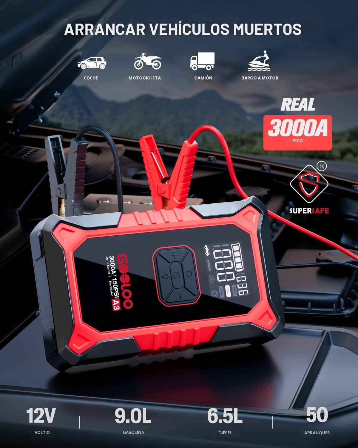 GOOLOO A3 Arrancador de Salto con Compresor de Aire, Arrancador de Batería de Coche Portátil 3000A (9.0 Gasolina/6.5L Diésel) con Inflador de Neumáticos de 150PSI con Apagado Automático, Caja de Salto