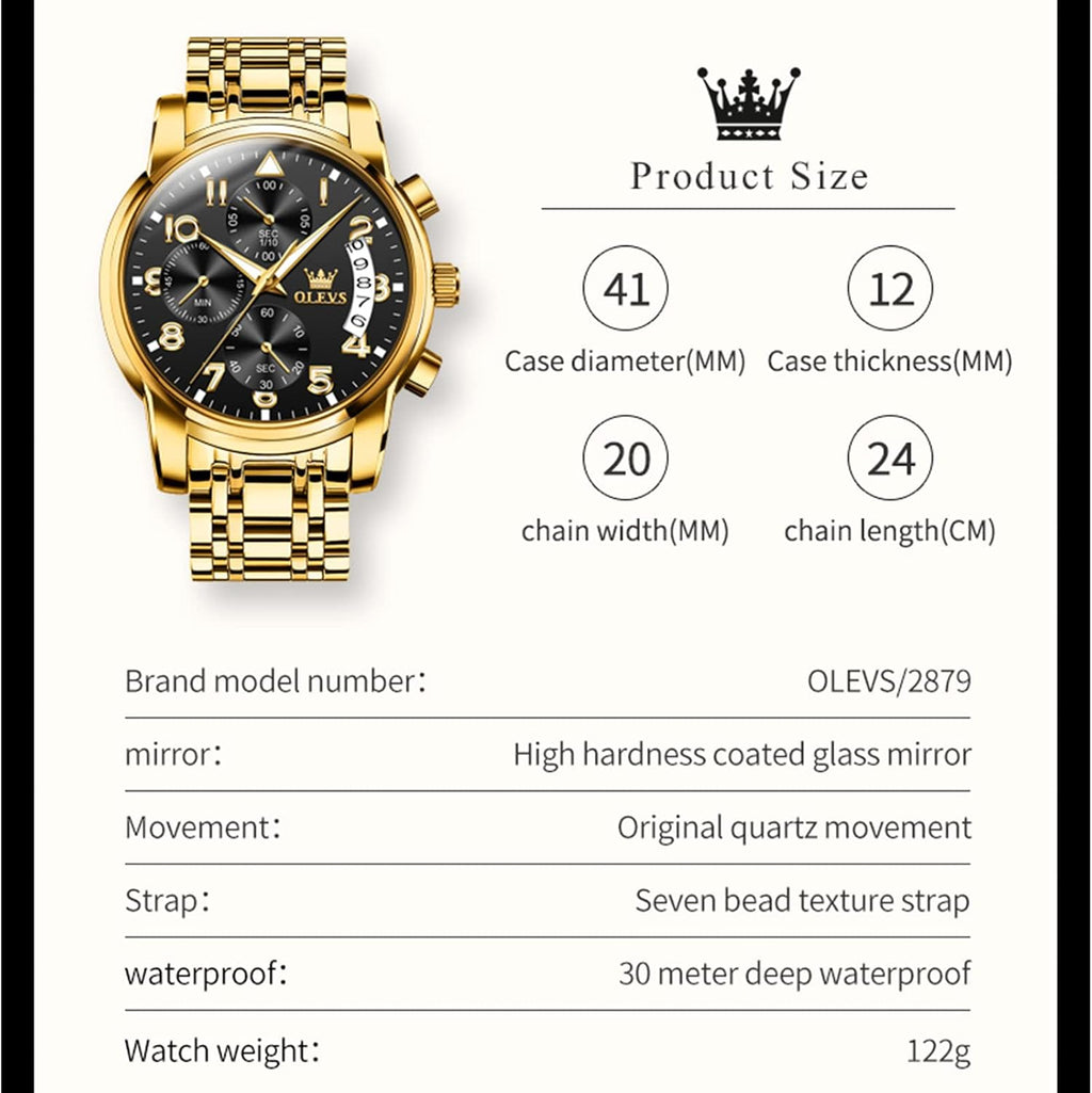 OLEVS Relojes de Oro para Hombres Reloj de Pulsera de Lujo a Prueba de Agua Gran Cara Elegante Acero Inoxidable Analógico Cuarzo Fecha Cronógrafo Luminoso Lectura Fácil Relojes de Negocios Regalos para Hombres Graduación