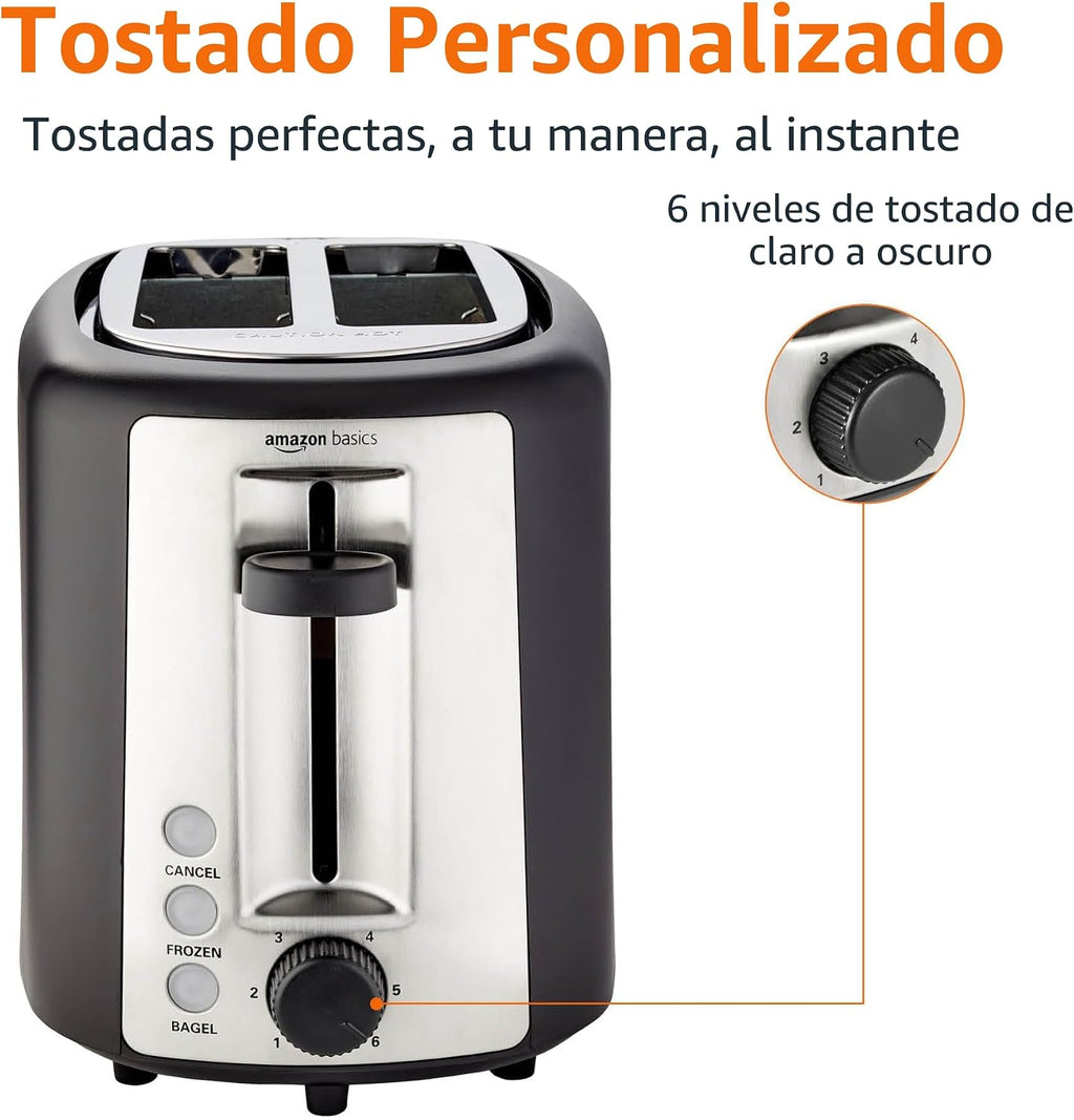 Amazon Basics Tostadora de 2 rebanadas, ranuras extra anchas para bagels, 6 ajustes de tostado, bandeja extraíble para migas, botones de descongelación/cancelación/bagel, envoltura de cable, 900 W