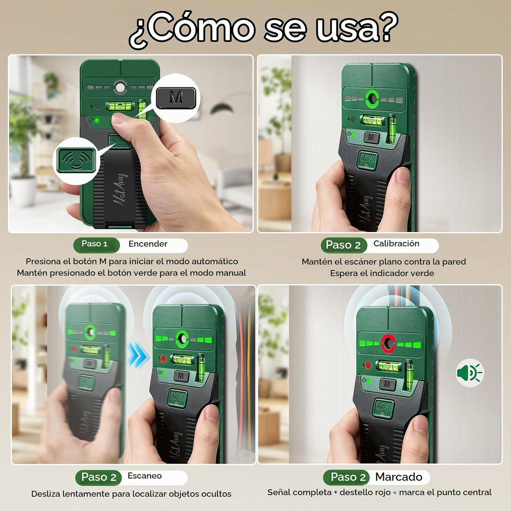 Escáner de pared con buscador de pernos, buscador de pernos 6 en 1 con láser de línea cruzada, detecta pernos de madera y cables de CA vivos, niveles de burbuja duales, regla integrada para