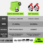Cuerda de remolque de recuperación cinética de 1-1/8 pulgadas x 20 pies (37,480 libras), con 2 grilletes suaves UHMWPE (40,980 libras), correa de arranque todoterreno resistente, kit de