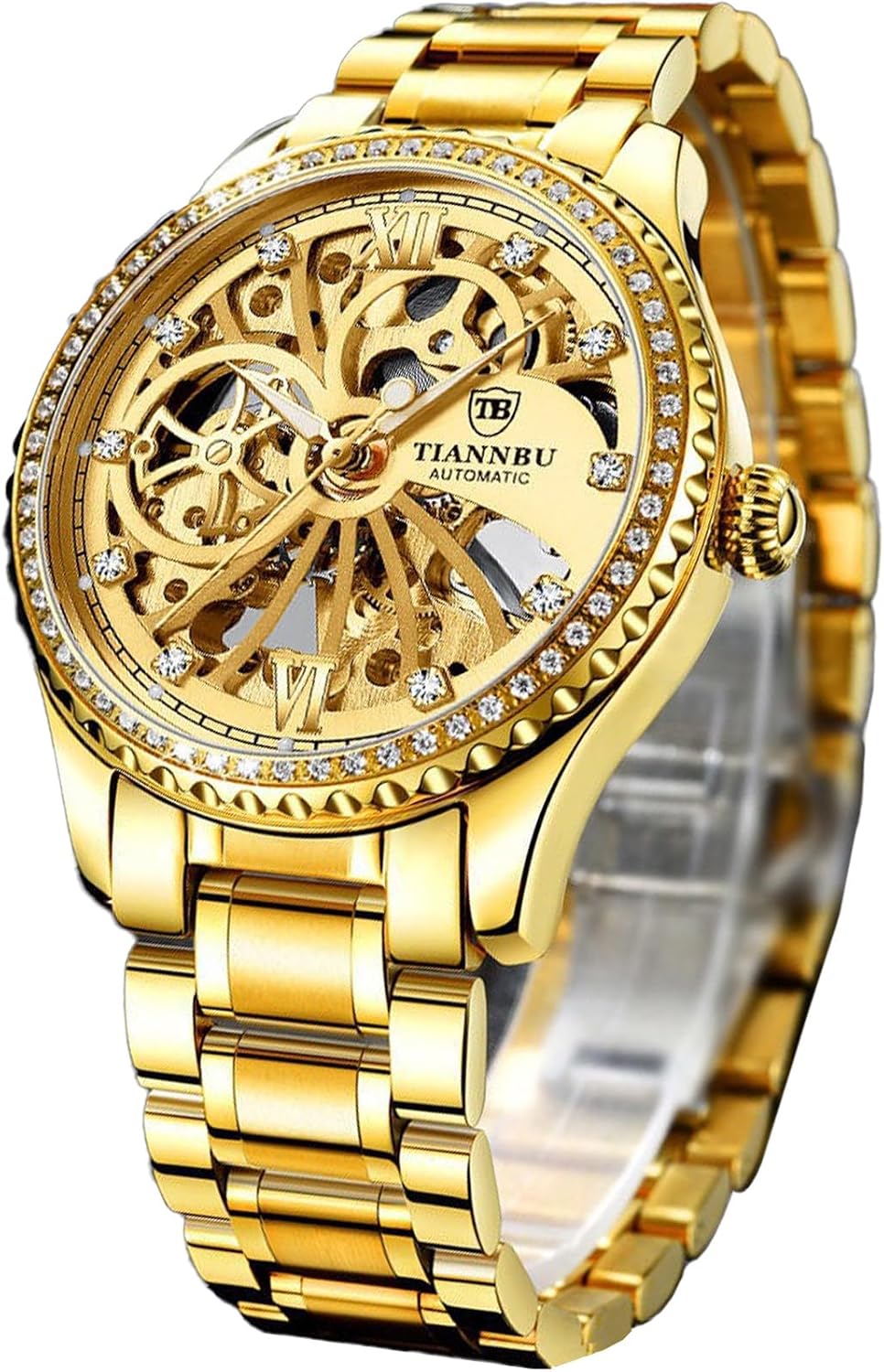 FORSINING Reloj mecánico automático dorado de lujo para hombre, esfera de esqueleto con turbillón simulado, marcadores de diamantes y bisel, correa de acero inoxidable de caja fina de 0.354 in, reloj de pulsera de cuerda automática