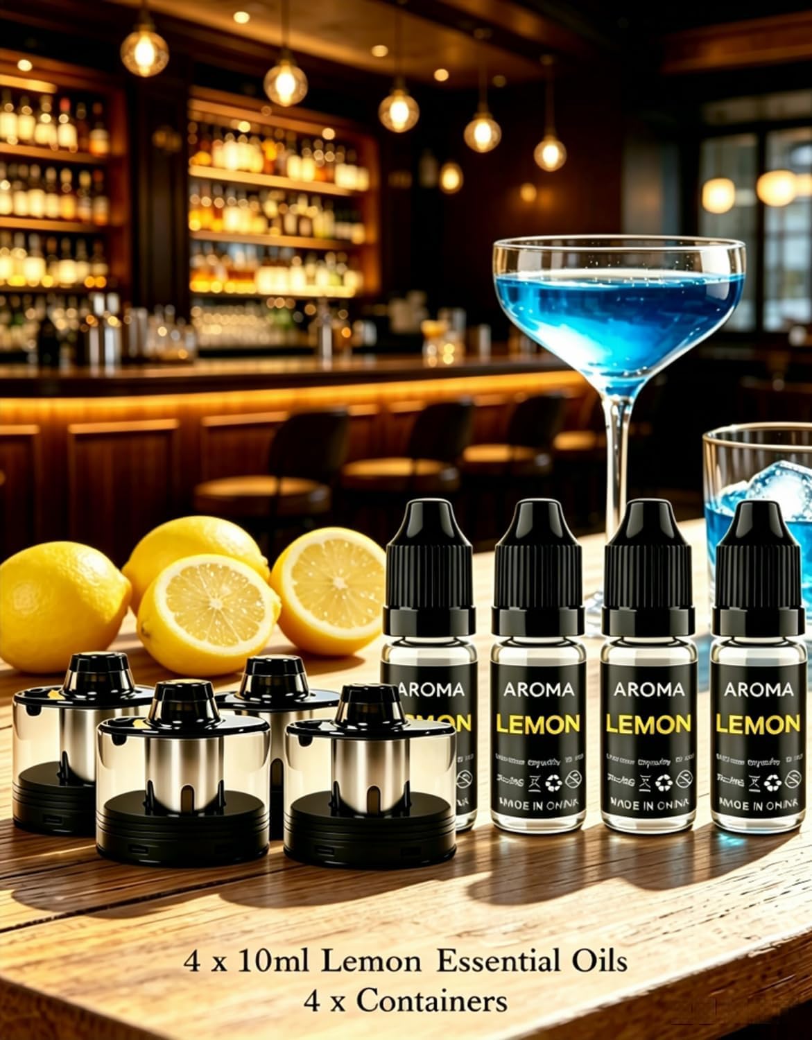 Kit de accesorios de sabor culinario para pistola de burbujas de cóctel - Añade sabor a la bebida de cóctel y al ahumado de alimentos - 4 aceites aromáticos de limón de 10 ml y 4 contenedores (Sabor a
