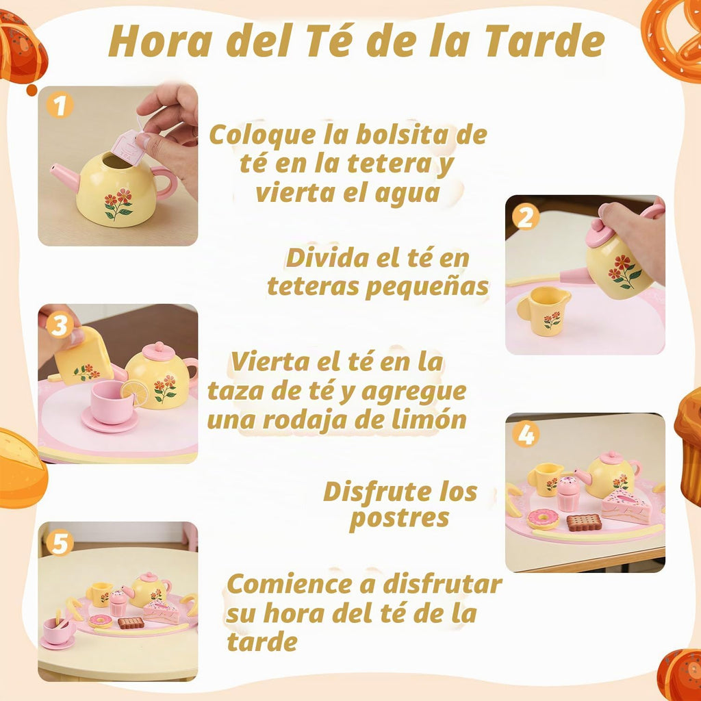 Juego de té de madera para fiestas de té para 3-5 niñas 4-6 6-8