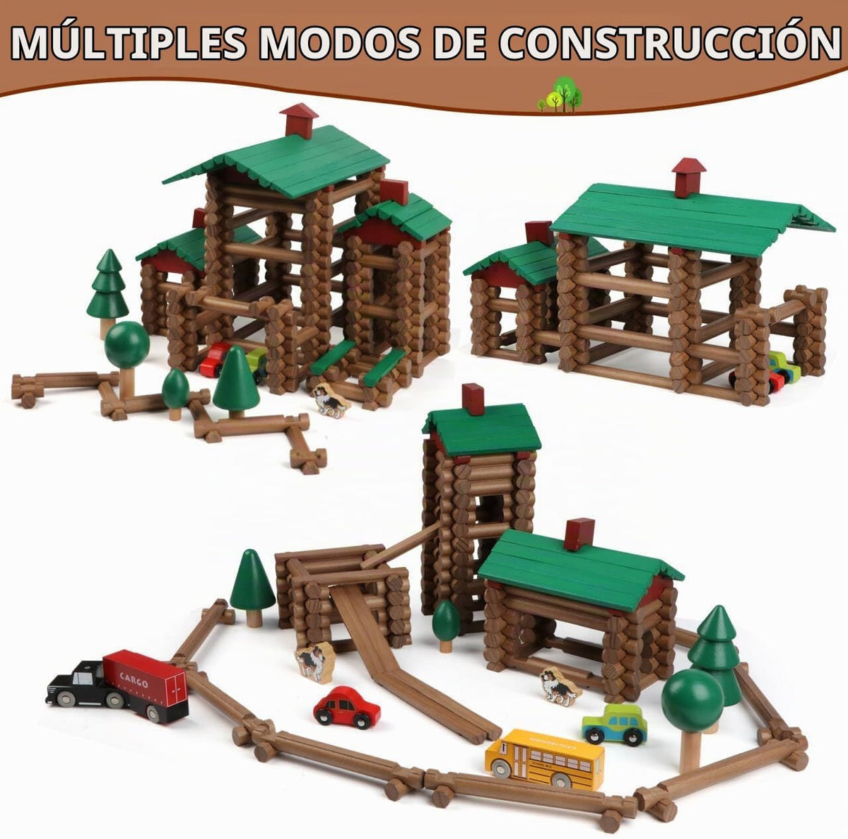 Wondertoys Juego de troncos de madera de villa grande, 456 piezas, troncos de madera real, troncos de construcción clásicos a partir de 3 años, el mejor juego de regalo de construcción retro, regalos educativos de ingeniería de construcción creativa