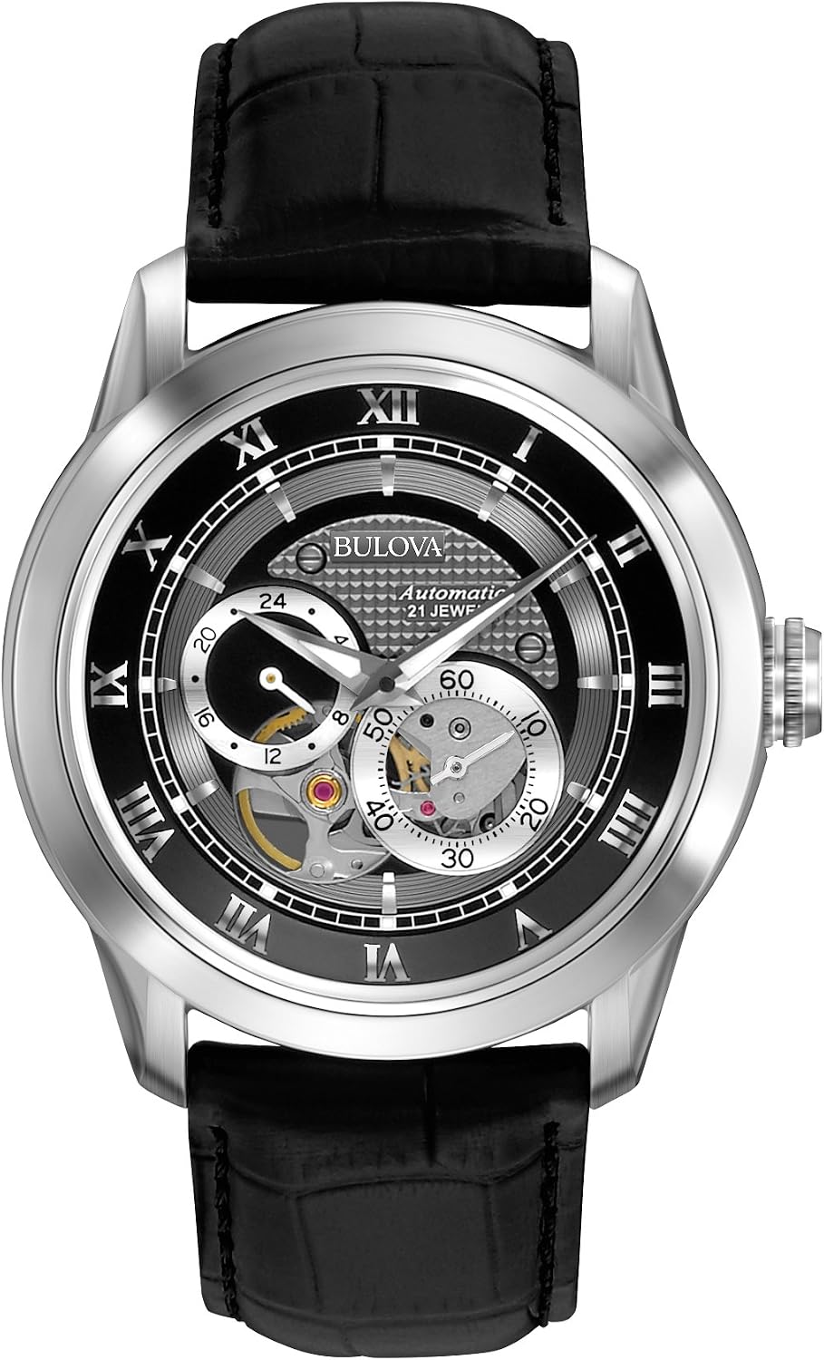 Bulova Reloj automático clásico para hombre Sutton de 4 manos, subesfera de 24 horas, apertura abierta, auto-reloj, parte trasera de exhibición, cristal mineral doblemente curvado, manecillas