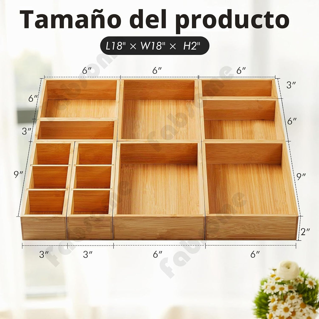 Fabsome Organizador de cajones, juego de 9 cajas de almacenamiento de madera de bambú para cocina, escritorio de maquillaje, cajas de almacenamiento para cubiertos, cubiertos, cubiertos, bandeja pequeña de madera para baño, oficina