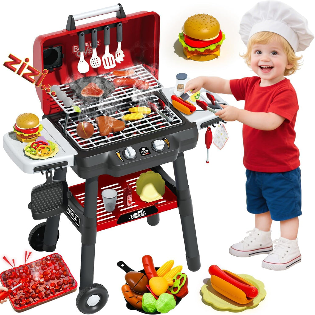 Juego de parrilla para niños, parrilla de juguete para barbacoa con luz de sonido de humo y rueda, juguetes de cocina movibles para niños pequeños de 3 a 5 años, 2 capas de barbacoa, comida, Navidad, regalos de cumpleaños para nietos