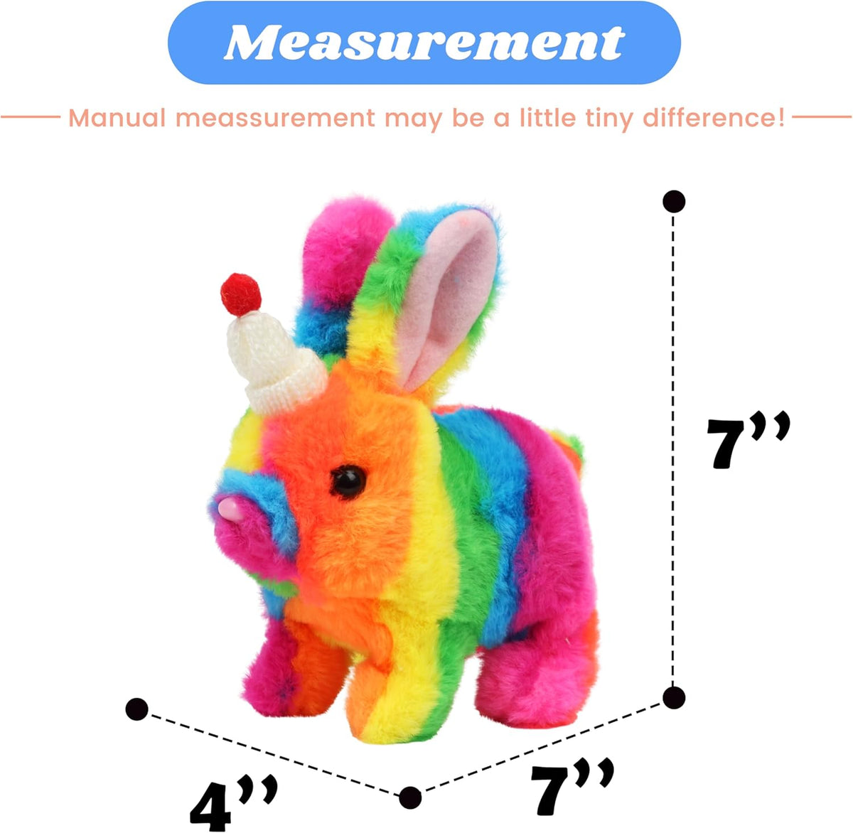 Hopearl - Conejo saltarín con sombrero, juguete de conejo de peluche, Sombrero Bunny-Rainbow