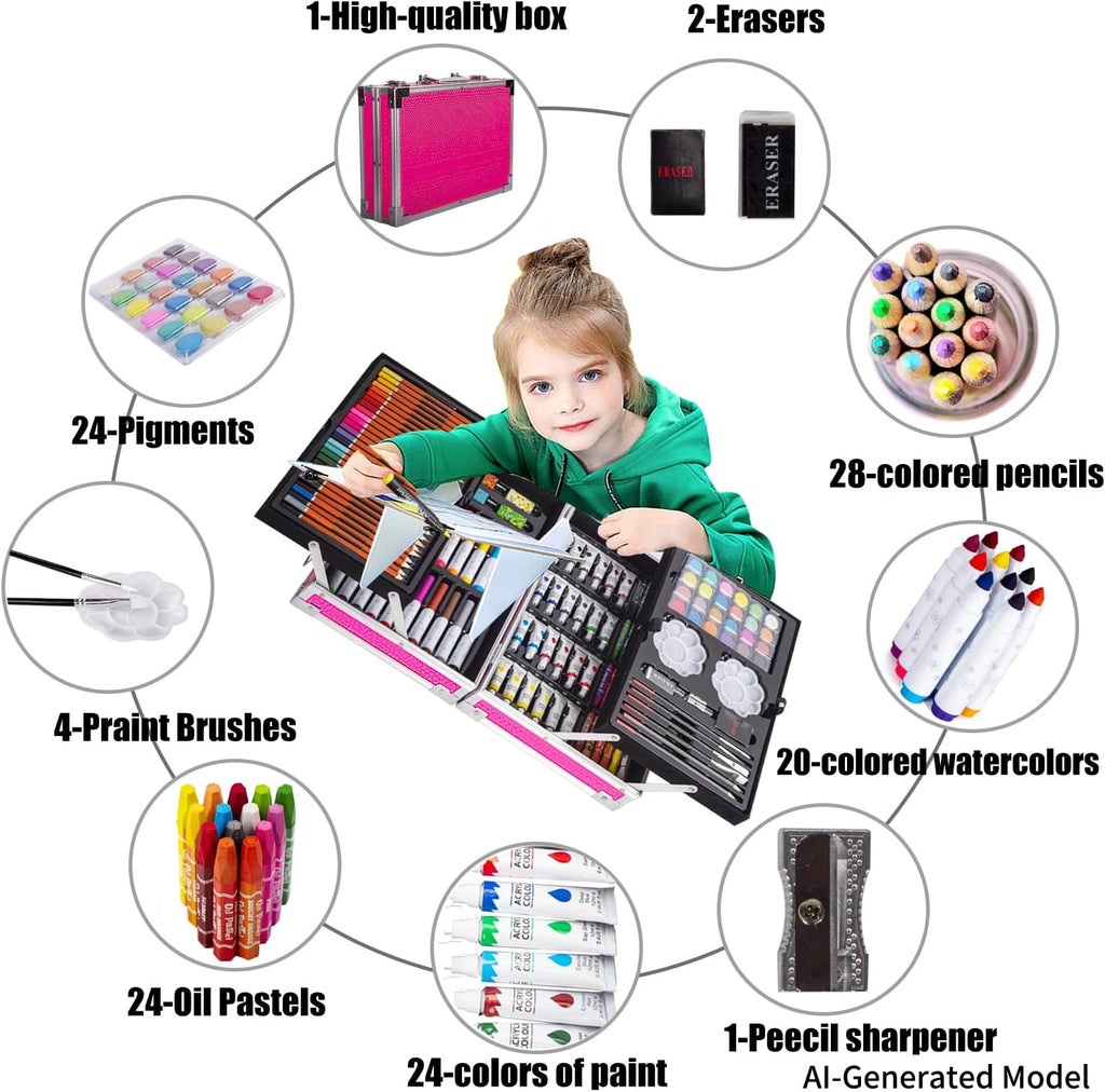 KINSPORY Juego de arte, paquete de 139 suministros de arte de pintura y dibujo con 2 blocs de bocetos, manualidades de arte de doble capa, lápices de colores, pasteles al óleo, pinturas de acuarela