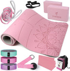 Esterilla de yoga de 1/3 pulgadas de grosor, juego de yoga para principiantes incluye esterilla de alta densidad con correa de múltiples asas, bloques, juego de banda de resistencia para glúteos