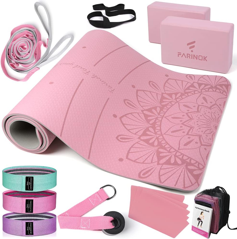 Esterilla de yoga de 1/3 pulgadas de grosor, juego de yoga para principiantes incluye esterilla de alta densidad con correa de múltiples asas, bloques, juego de banda de resistencia para glúteos