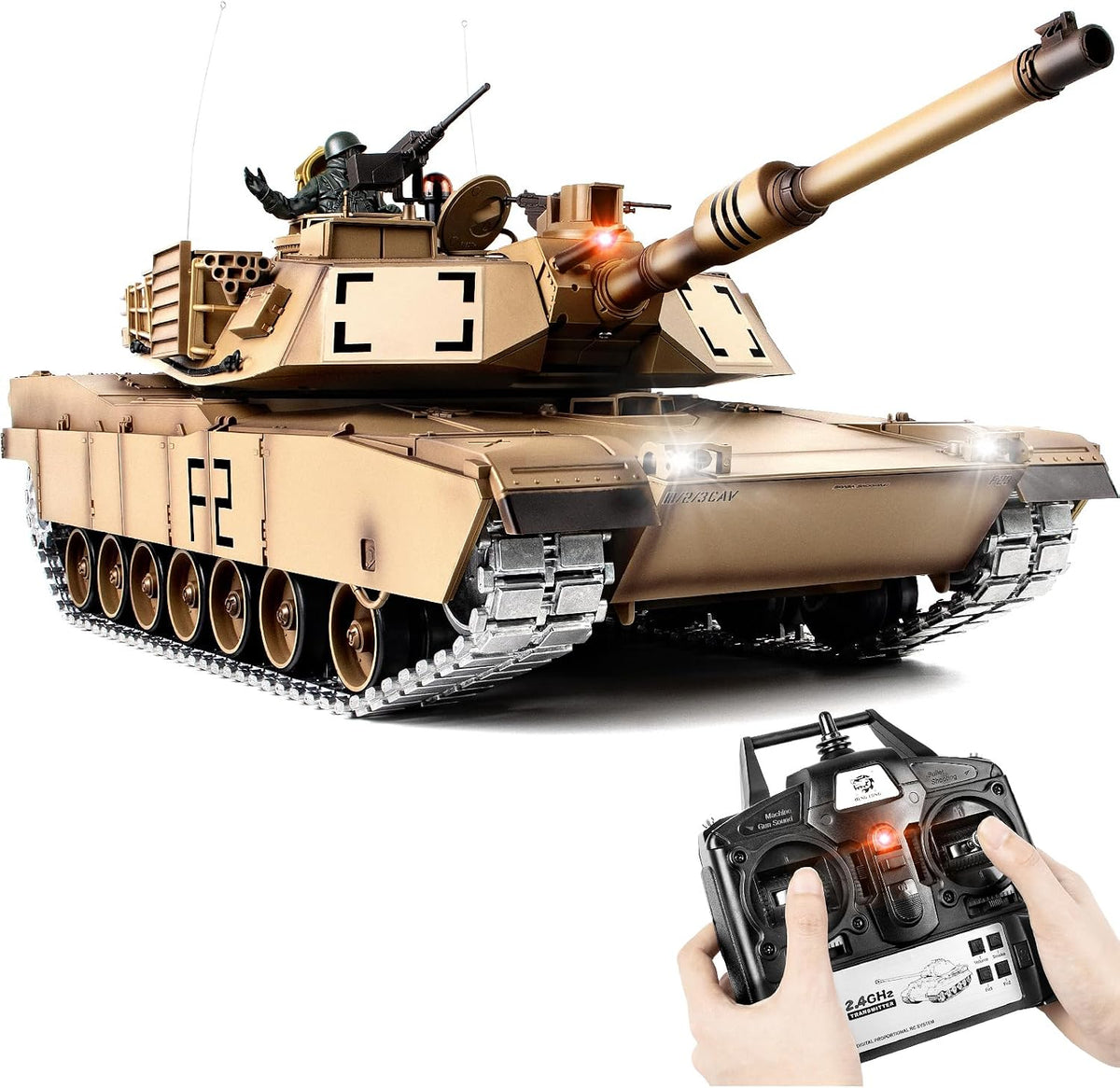 1/16 Tanque RC, juguete de ejército Heng Long US M1A2 Abrams con humo, sonido y luces, tanque de control remoto que dispara con pistas de metal mejoradas, rueda de rodillos y piñón, caja de