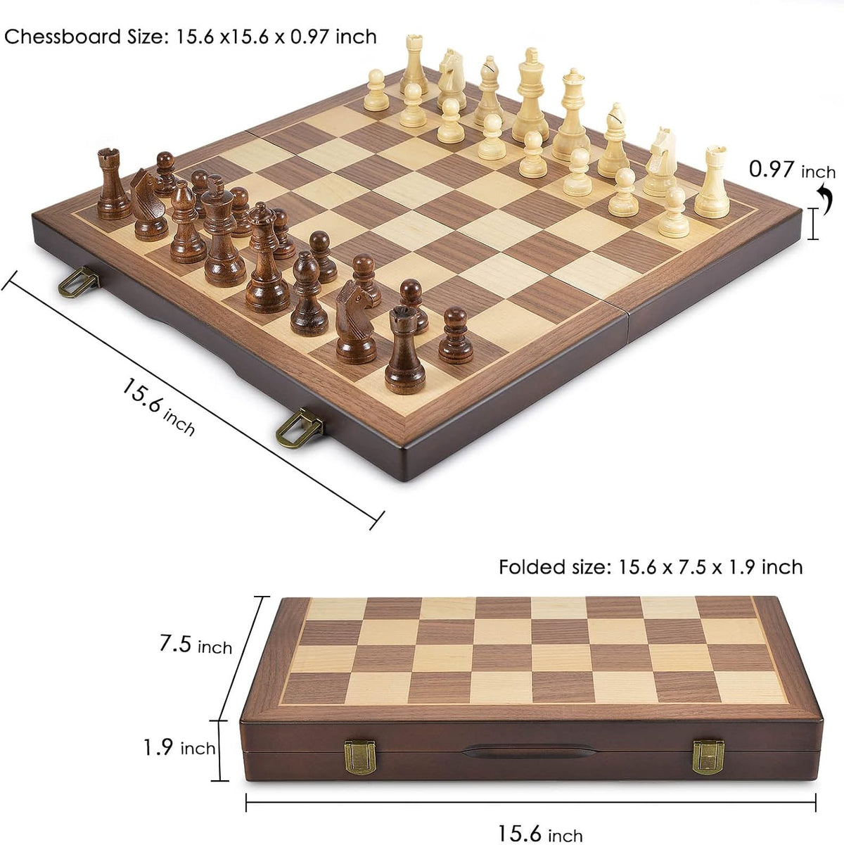 AMEROUS Juego de ajedrez y damas de madera magnética, juegos de mesa de ajedrez de 15 pulgadas (2 en 1), 2 reinas adicionales, paquete de regalo, ranuras de almacenamiento de piezas de juego, juego de