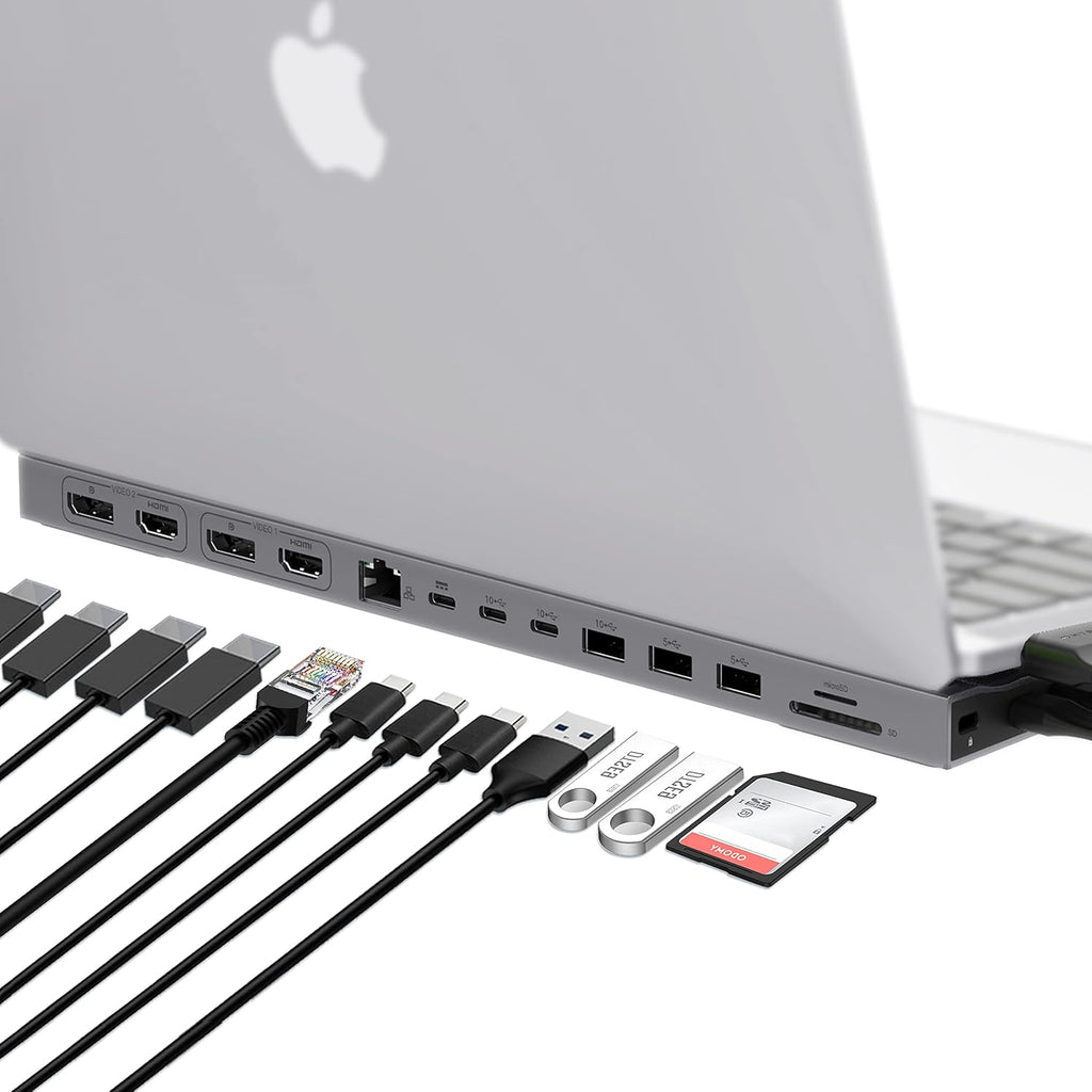 Hyper Estación de acoplamiento multipantalla para unidad – Diseño de ajuste de forma para MacBook de 13 a 14 pulgadas, HDMI 4K dual, 2 DP, Gigabit Ethernet, 3 USB-A, USB-C PD 100W, MicroSD/SD, 2 USB C