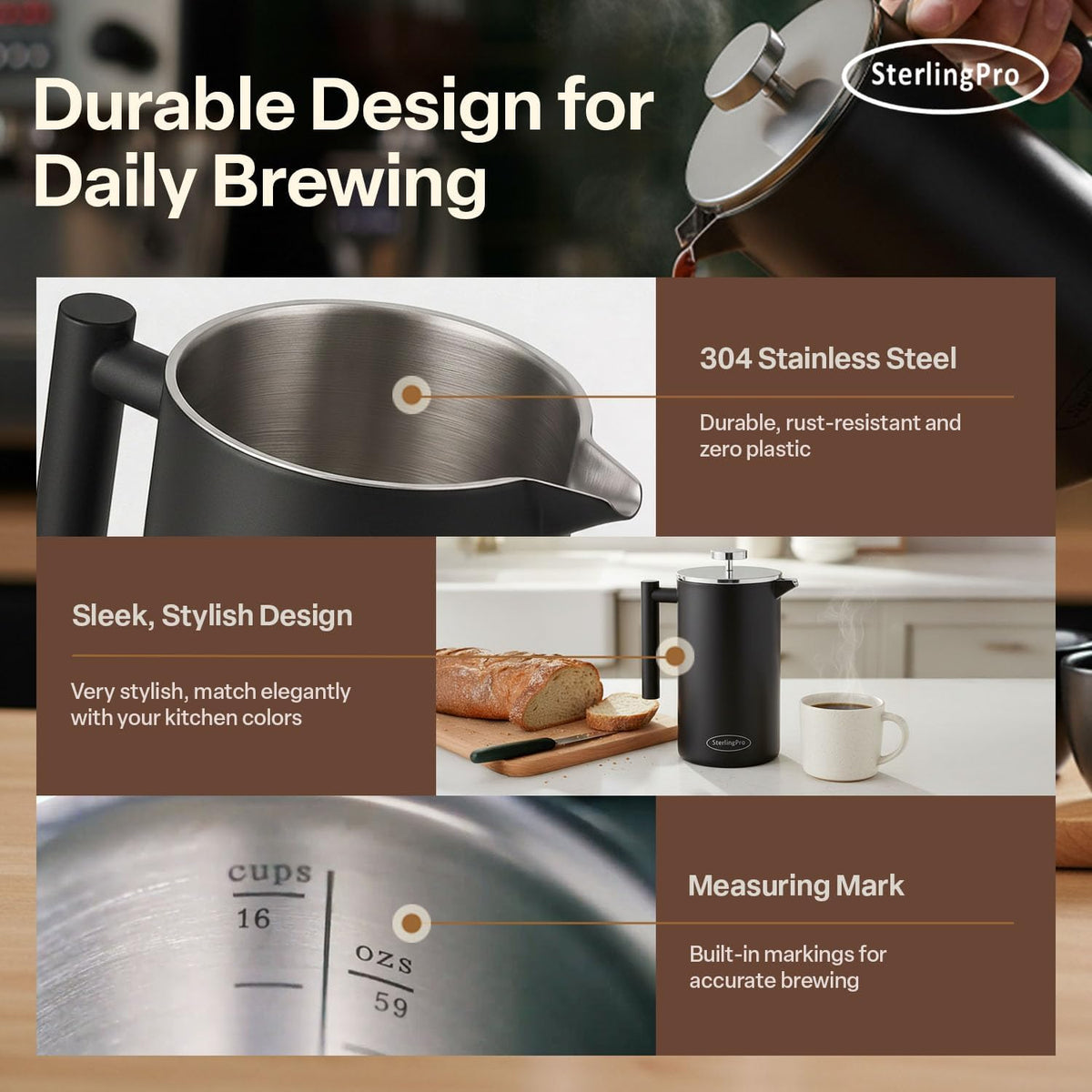 SterlingPro - Cafetera de prensa francesa de acero inoxidable extra grande con aislamiento no tóxico de 64 onzas, capacidad de 1/2 galón/2 litros (rendimiento de preparación de 59 onzas)