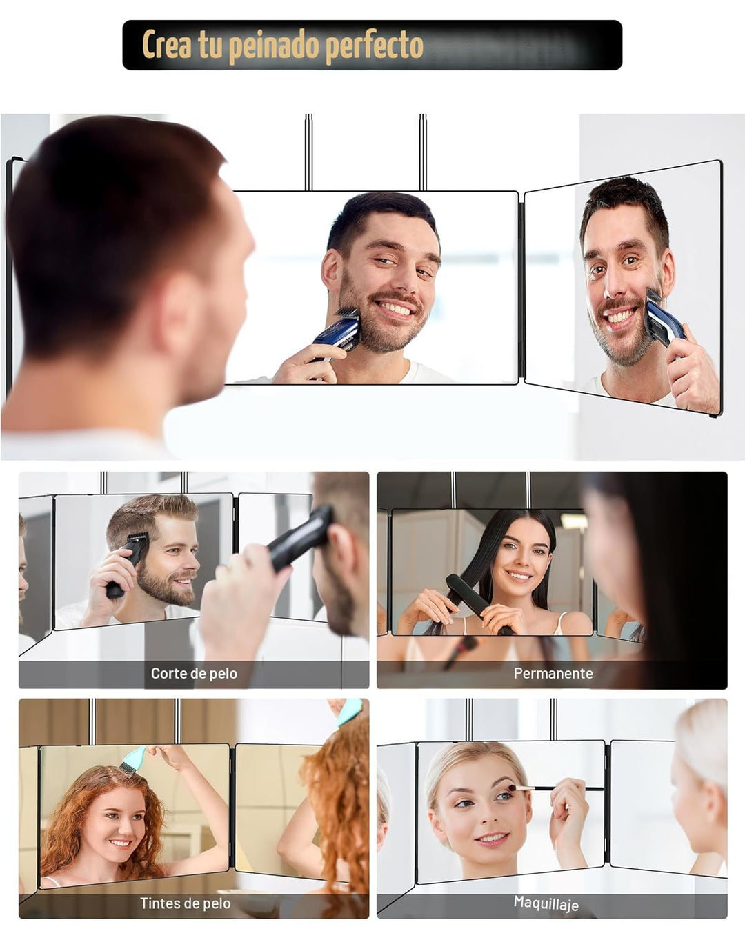 JUSRON Espejo de corte de pelo automático con ángulo de visión 360,...
