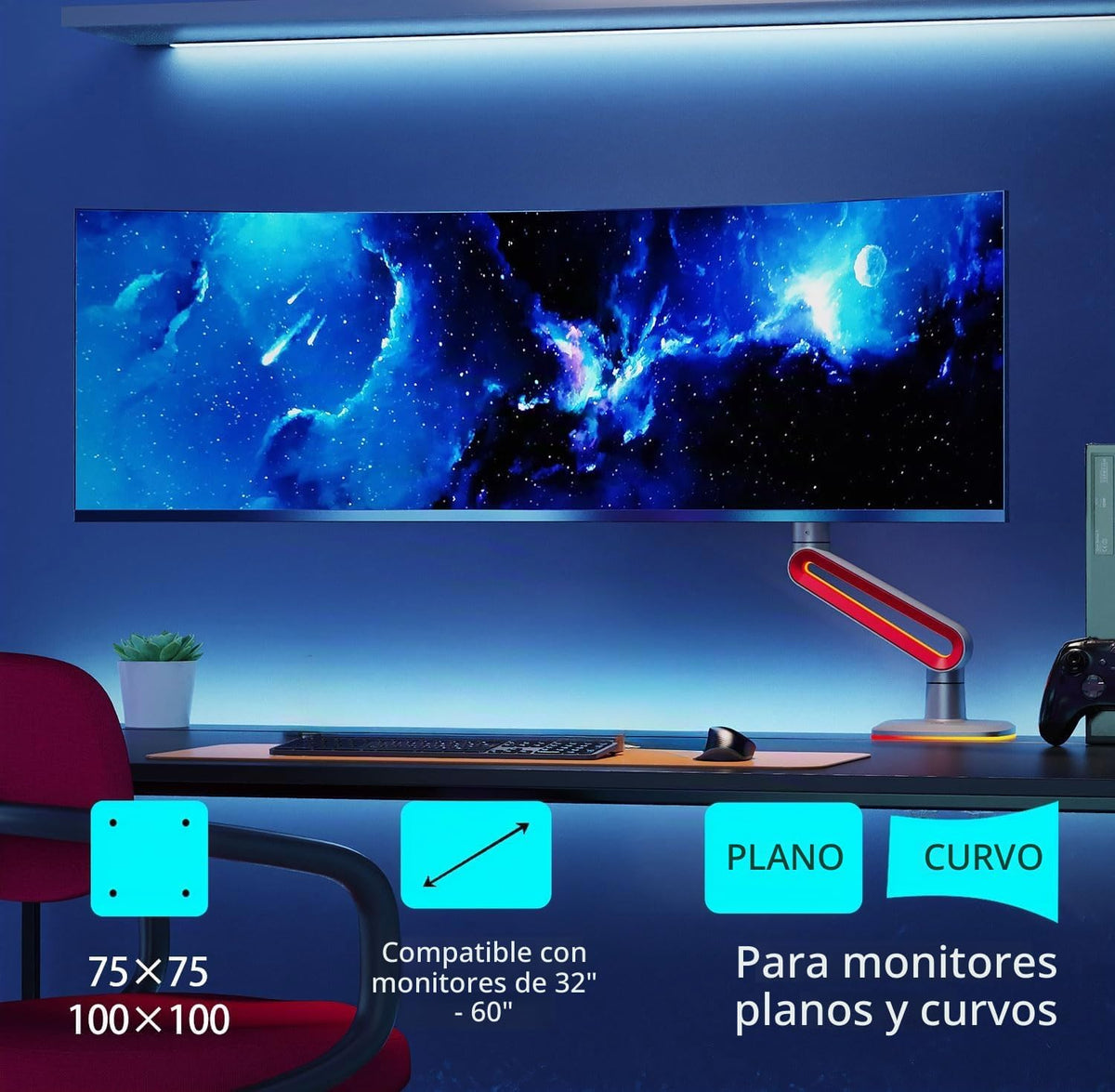 NB Designer - Brazo para monitor de juegos para pantalla de 32 a 60 pulgadas, carga de hasta 44.1 lbs, VESA 75/100, RGB-Light, resistente, ajustable multiángulo, aluminio premium, extensión de brazo largo rojo