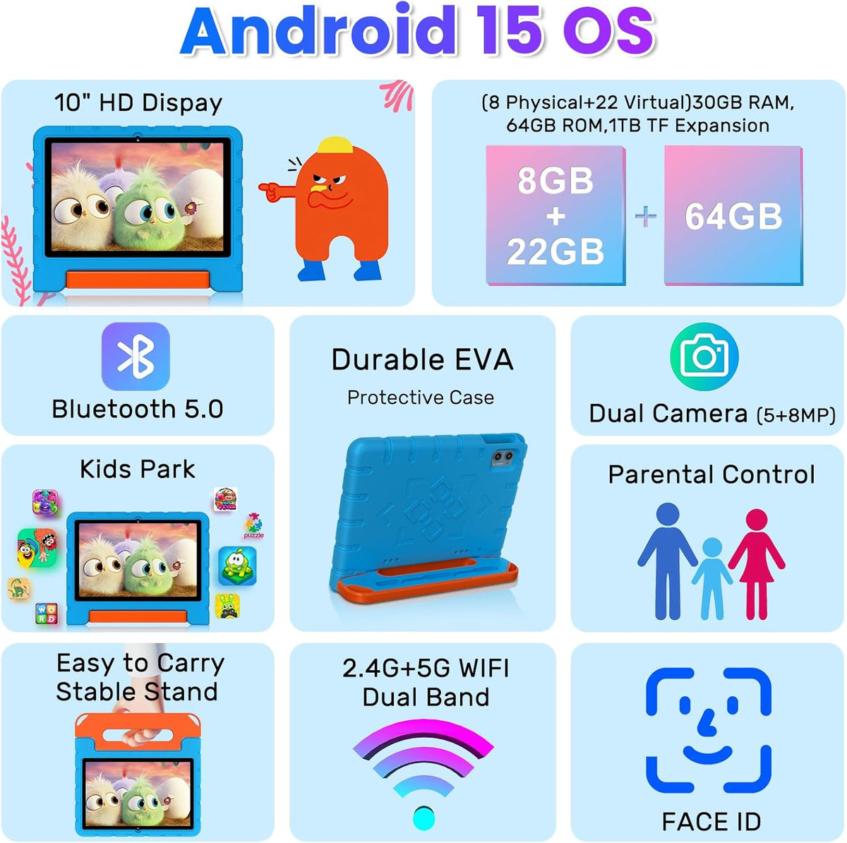 Tableta infantil 2025 con Android 15 de 10 pulgadas para niños Octa...
