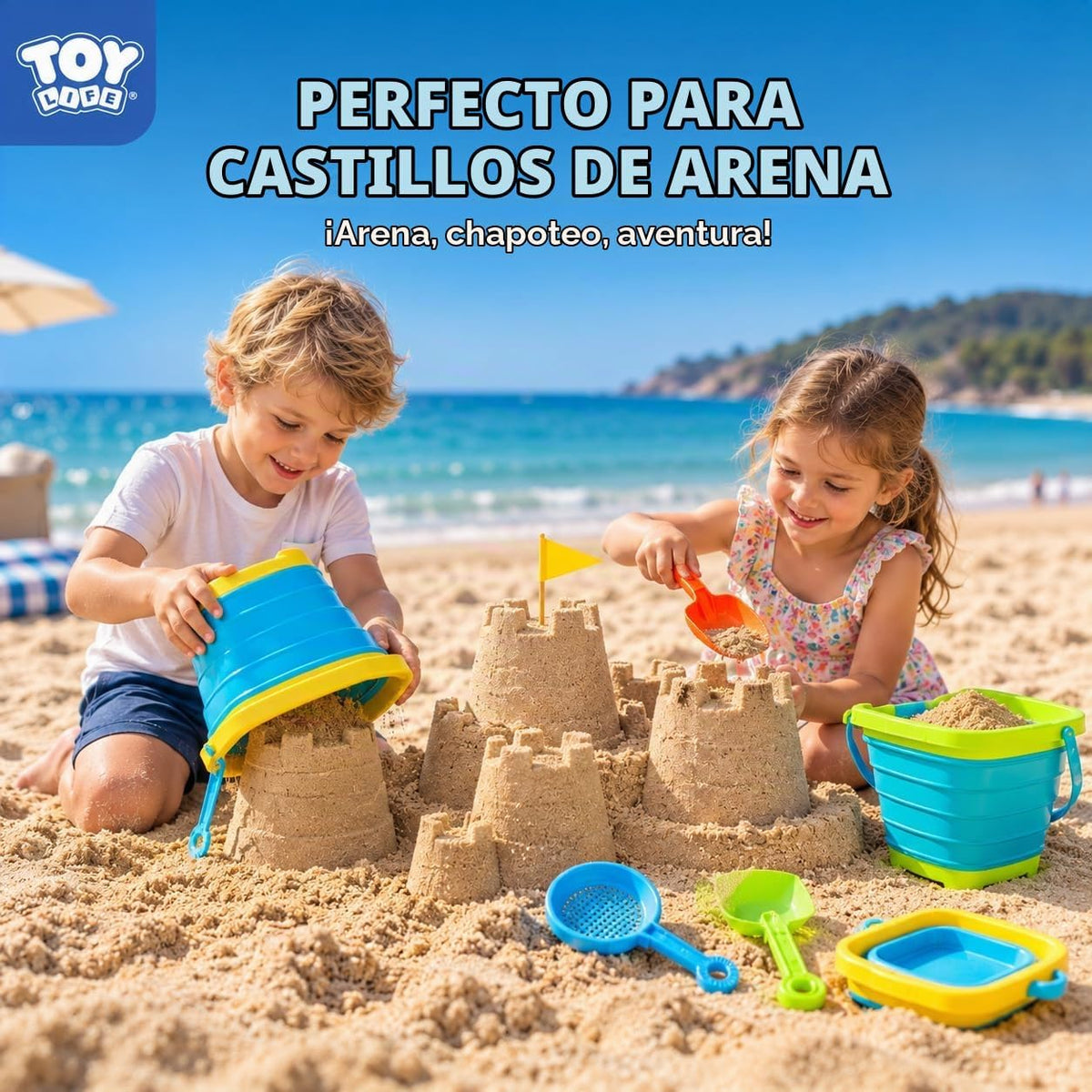 TOY Life Juguetes de playa plegables para niños con 4 cubos de arena plegables de silicona y 8 palas y bolsa de malla, accesorios de playa para viajes, juguetes de arena para niños, juguetes de caja