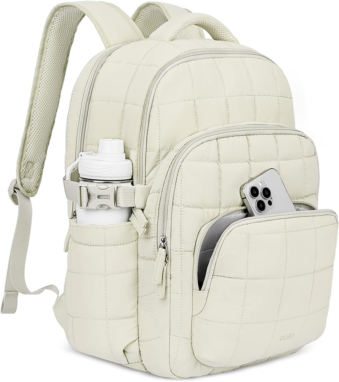 CLUCI Mochila acolchada hinchada para laptop para mujer, Blanco, Mo...