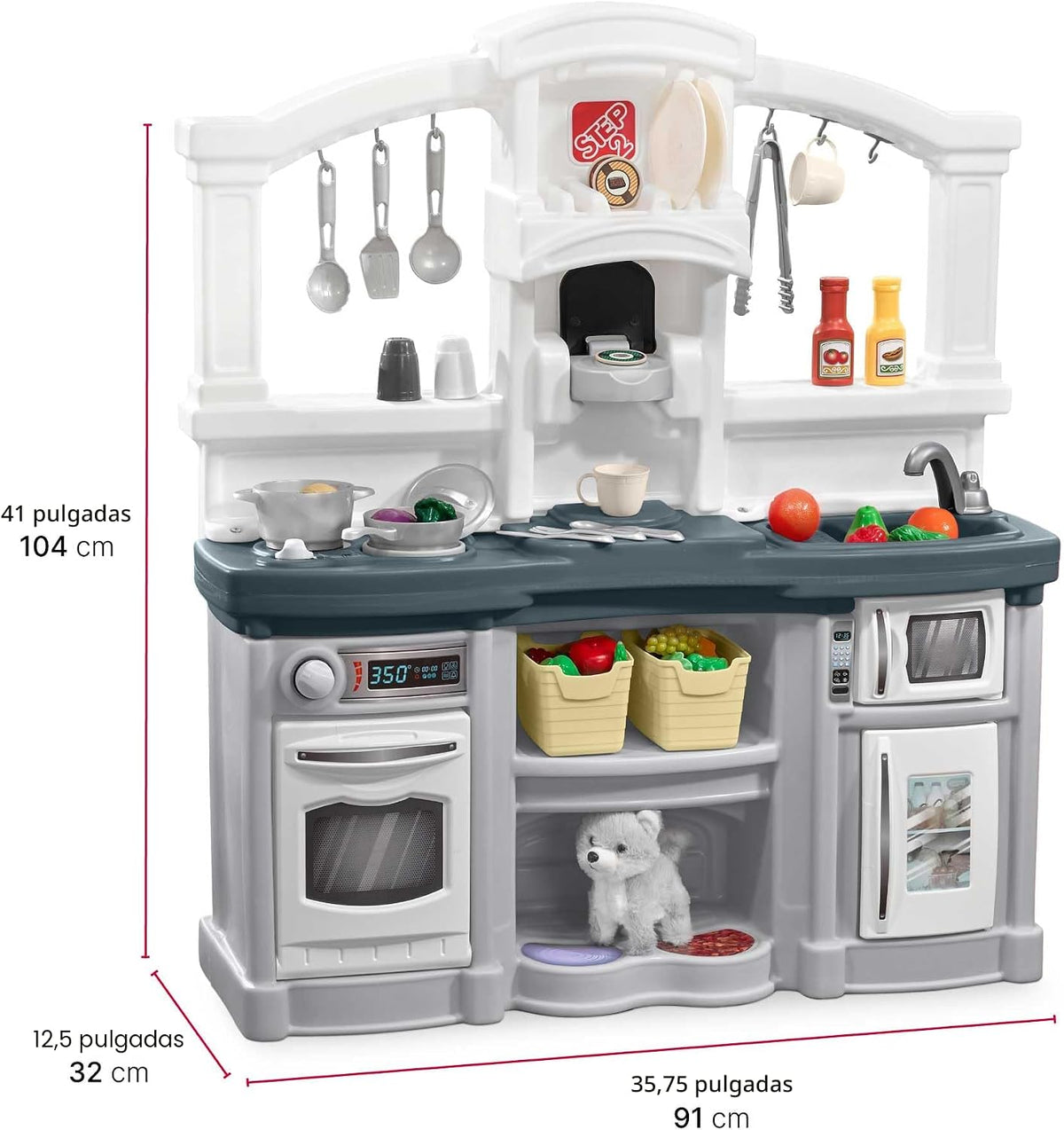 Step2 Fun with Friends - Juego de cocina para niños, cocina para interiores y exteriores con luces y sonidos, plástico duradero, accesorios de juguete de 25 piezas, niños pequeños de 2 años en adelante, gris