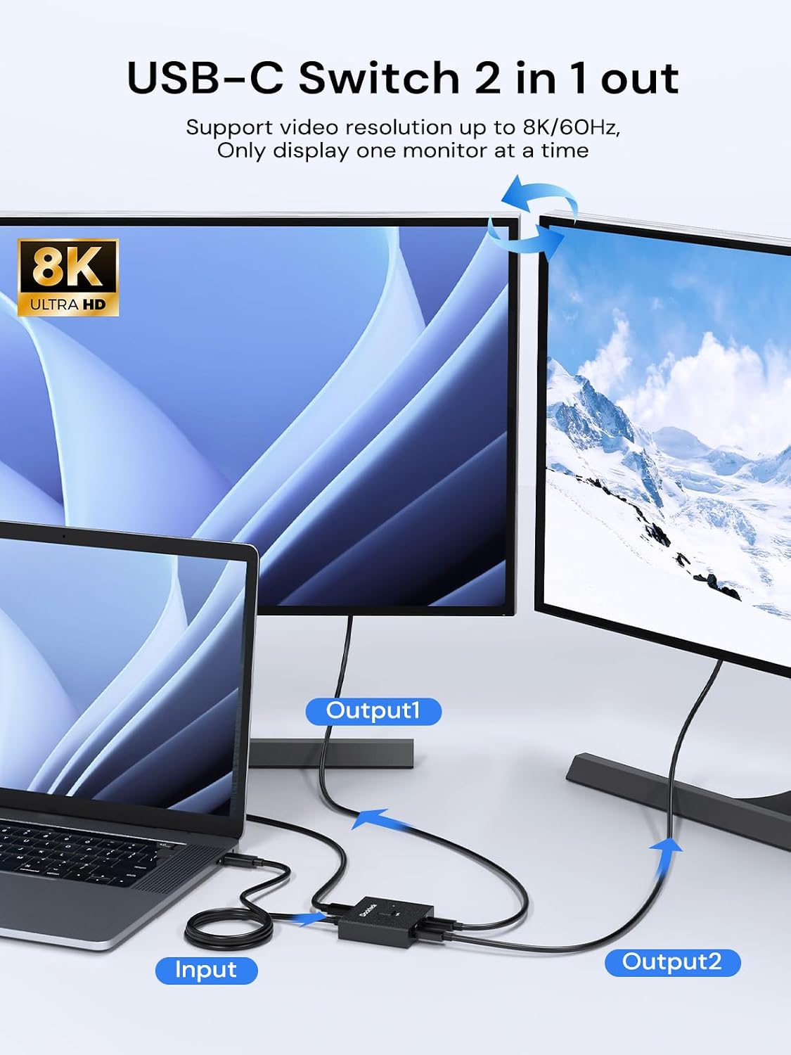 Interruptor USB C, conmutador bidireccional 1 en 2 salidas/2 en 1 salida, interruptor USB con 4K @60Hz, velocidad de transferencia de 10 Gbps, carga PD de 100 W, incluye dos cables USB-C de