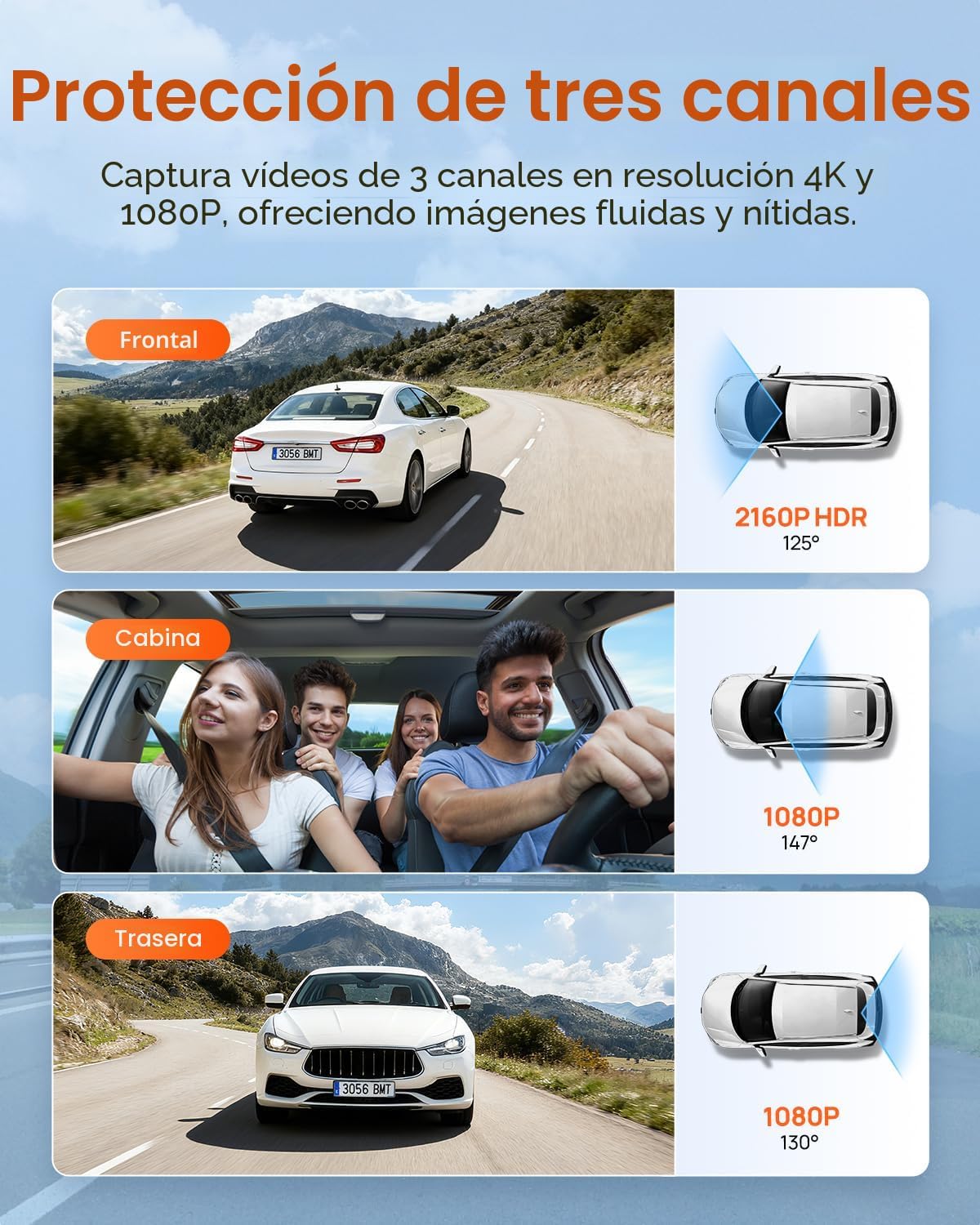 70mai 4K Dash Cam Delantera y Trasera Interior, Cámara de Tablero de 3 Canales para Autos, Dashcam con GPS, Wi‑Fi 6, Control por Voz, Monitor de Estacionamiento, Visión Nocturna, Grabación en Bucle, Tarjeta SD de 64GB Incluida (T800E)