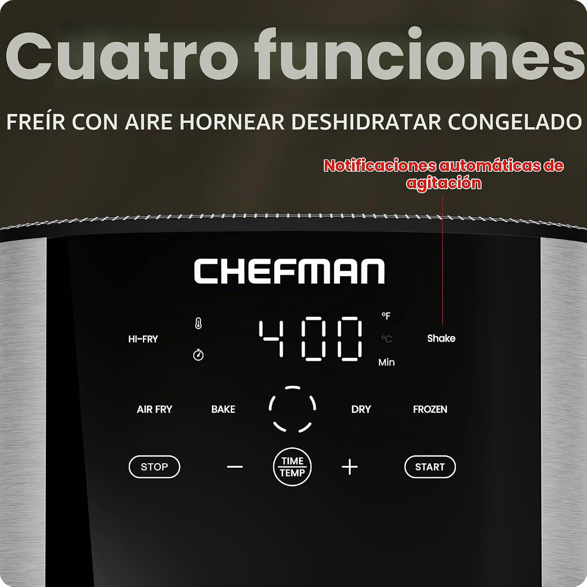 Chefman Freidora de aire de 8 cuartos de galón | TurboFry® 4 en 1 con opción Hi-Fry de 450°F para resultados más crujientes | Hornea, deshidrata, congelada | Cesta antiadherente XL apta para lavavajillas | Acero inoxidable