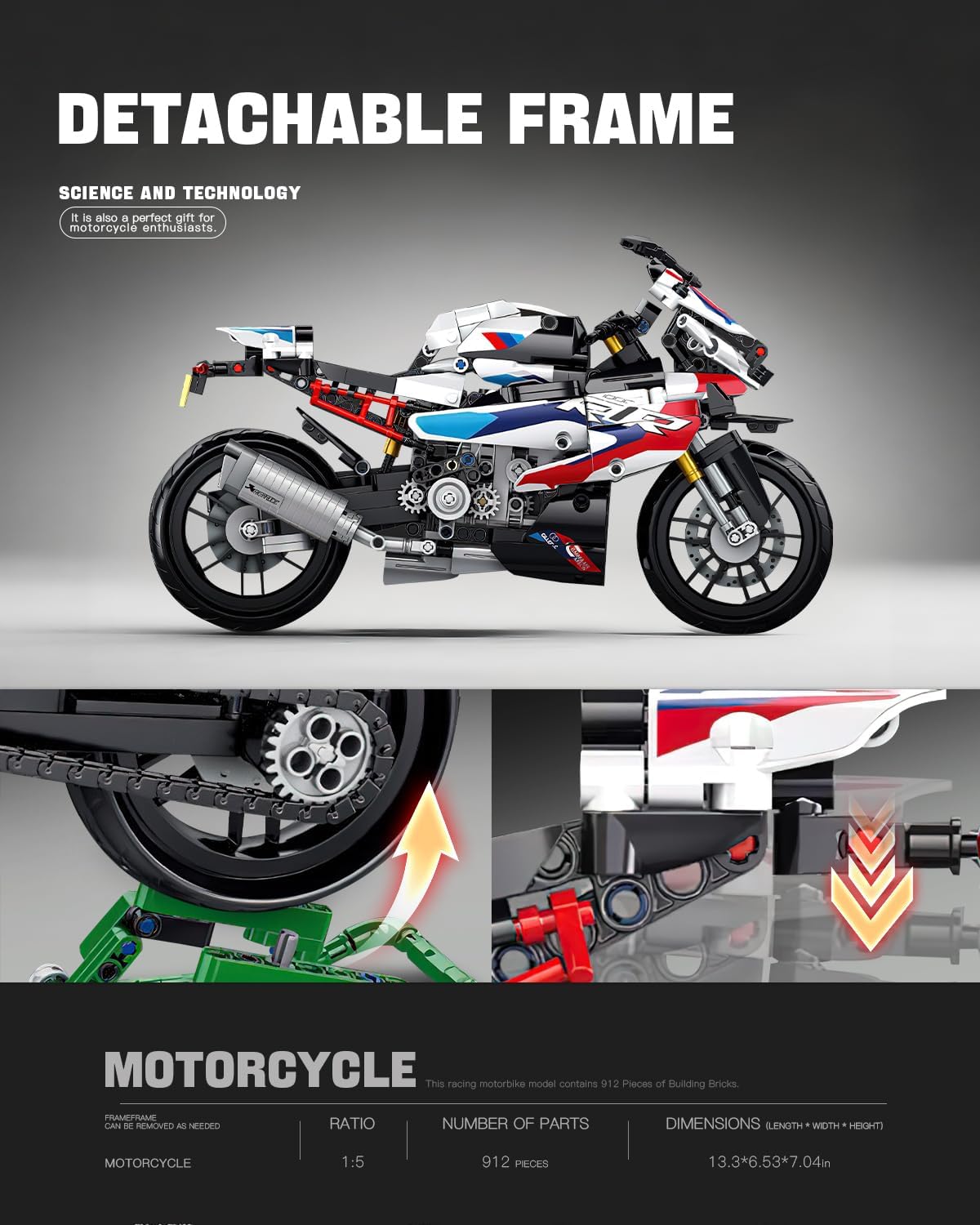 dOvOb Juego de bloques de construcción modelo 1000 RR, 912 piezas de ladrillos, juguetes MOC como regalo para niños o adultos