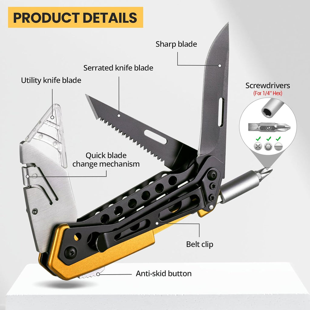 Cuchillo Utilitario Plegable, Cuchillo Cortador de Cajas, Cuchillos de Trabajo con Navaja, Multiherramienta de Cuchillos Utilitarios 6 en 1 con 5 Cuchillas, Destornillador, Sierra, Clip para