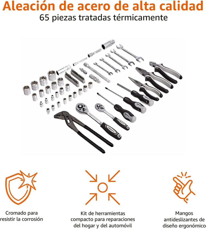 Amazon Basics Juego de herramientas manuales de mecánico y reparaci...