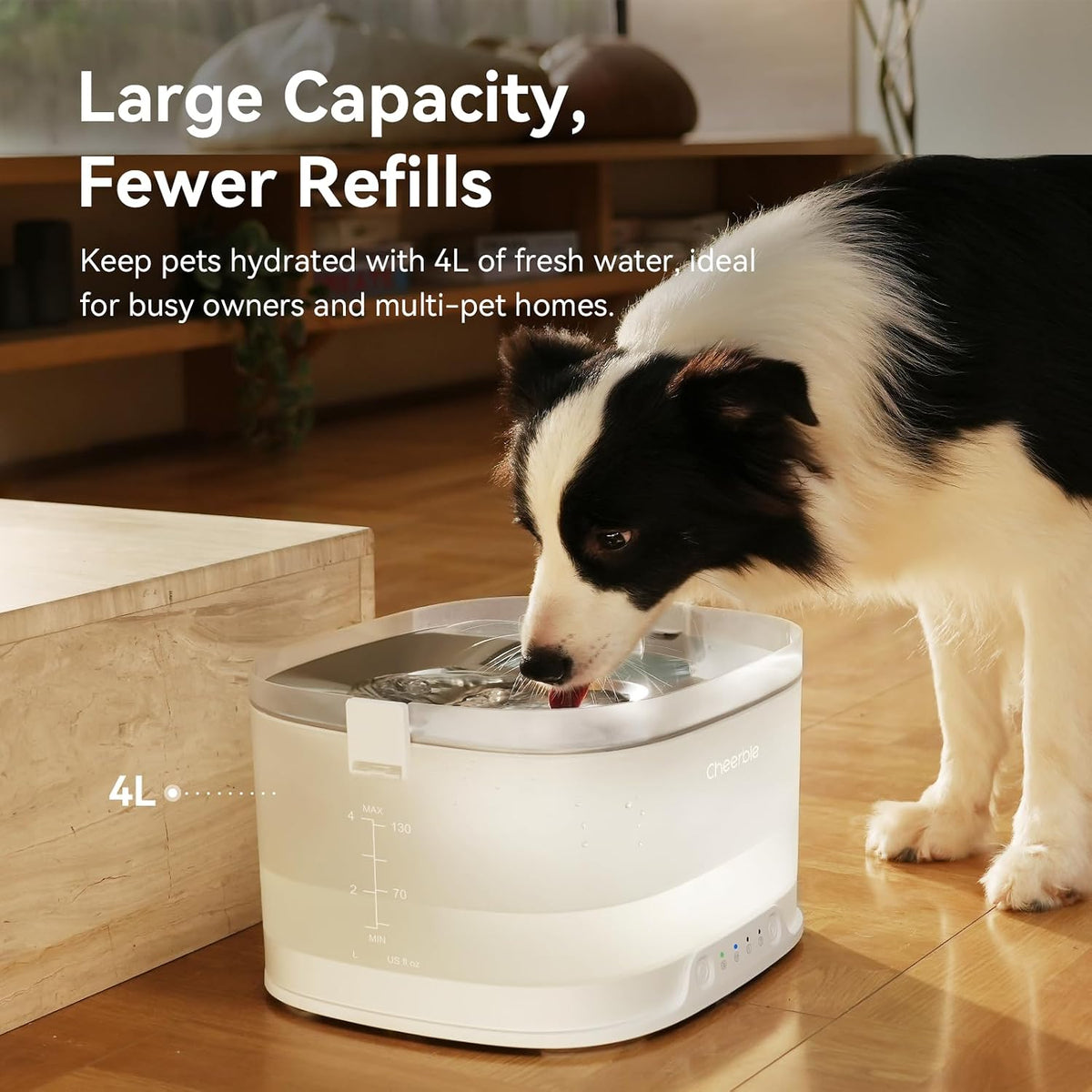 Cheerble Fuente de agua para perros sin bombeos, fuente inalámbrica para mascotas, funciona con pilas, dispensador automático de agua D1 Pro de 4 l/135 oz para perros, bandeja de acero inoxidable con