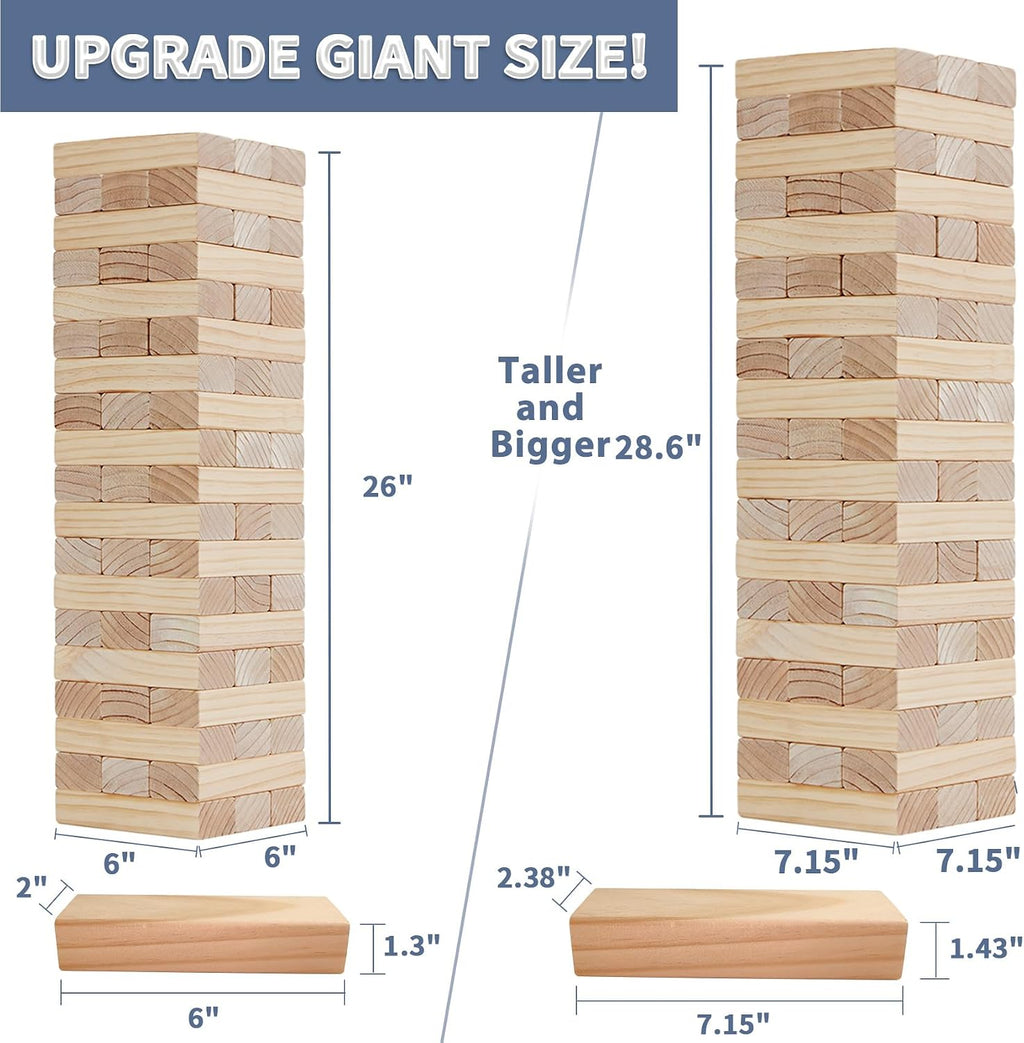 Megwoz- Torre gigante de más de 5 pies de alto, juego de apilar, 60 bloques de madera de pino de Nueva Zelanda; p/interiores/exteriores, fiesta de cumpleaños, para adultos y niños de todas las edades