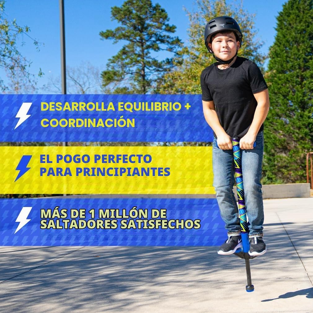 Flybar Jolt Pogo Stick para niños, perfecto para principiantes con marco de metal cubierto de espuma, asas y acolchado, almohadillas antideslizantes para los pies, punta ancha, juguete activo al aire
