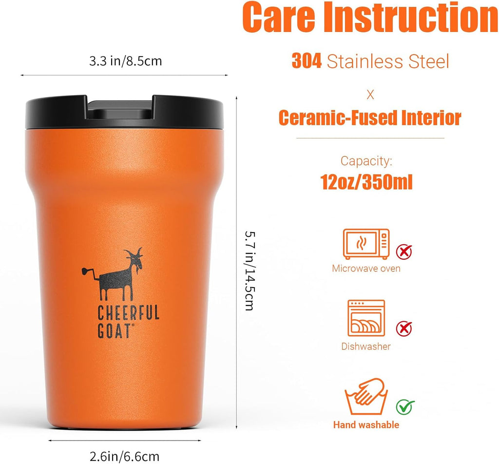 CHEERFUL GOAT Taza de Café Aislada – Vaso de Café de Viaje de Acero Inoxidable con Forro de Cerámica, Taza de Café de 12oz para Café Caliente y Frío en Casa, Oficina, o Sobre la Marcha (naranja)