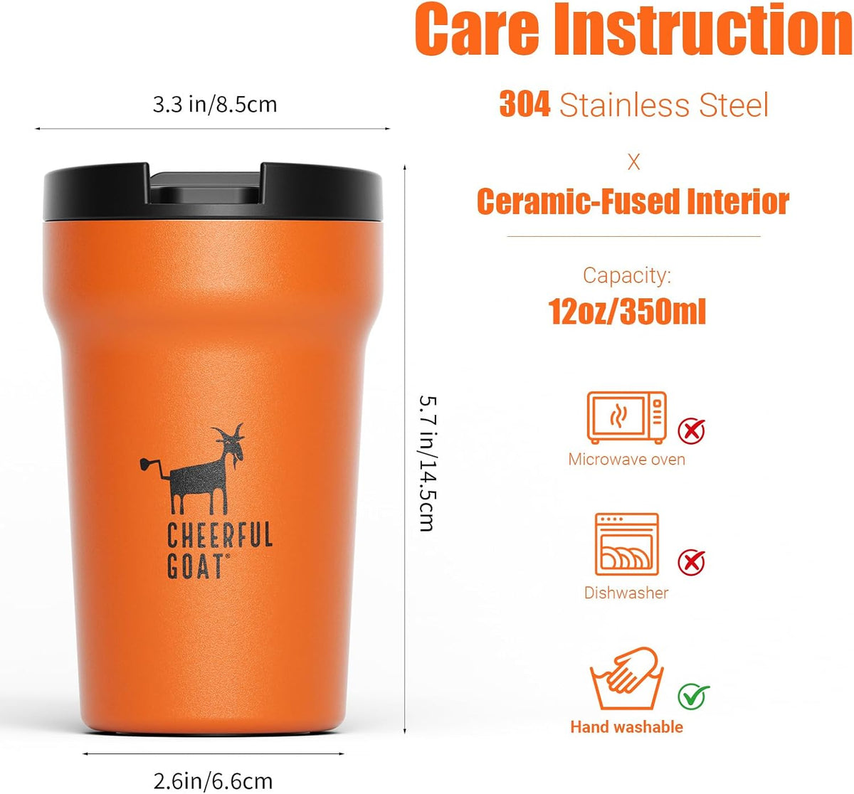 CHEERFUL GOAT Taza de Café Aislada – Vaso de Café de Viaje de Acero Inoxidable con Forro de Cerámica, Taza de Café de 12oz para Café Caliente y Frío en Casa, Oficina, o Sobre la Marcha (naranja)