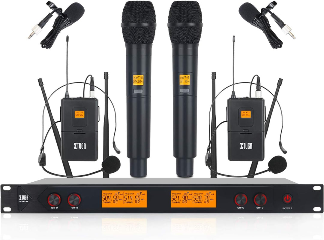 XTUGA Sistema de micrófono inalámbrico UHF de 4 canales A400, rango...