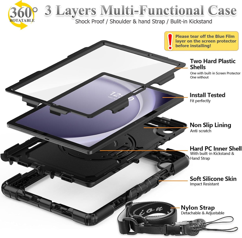 SEYMAC stock Funda para Samsung Galaxy Tab A11+ Plus/A9+ Plus de 11 pulgadas, funda de protección contra caídas de cuerpo completo con protector de pantalla portalápices [correa de mano giratoria de